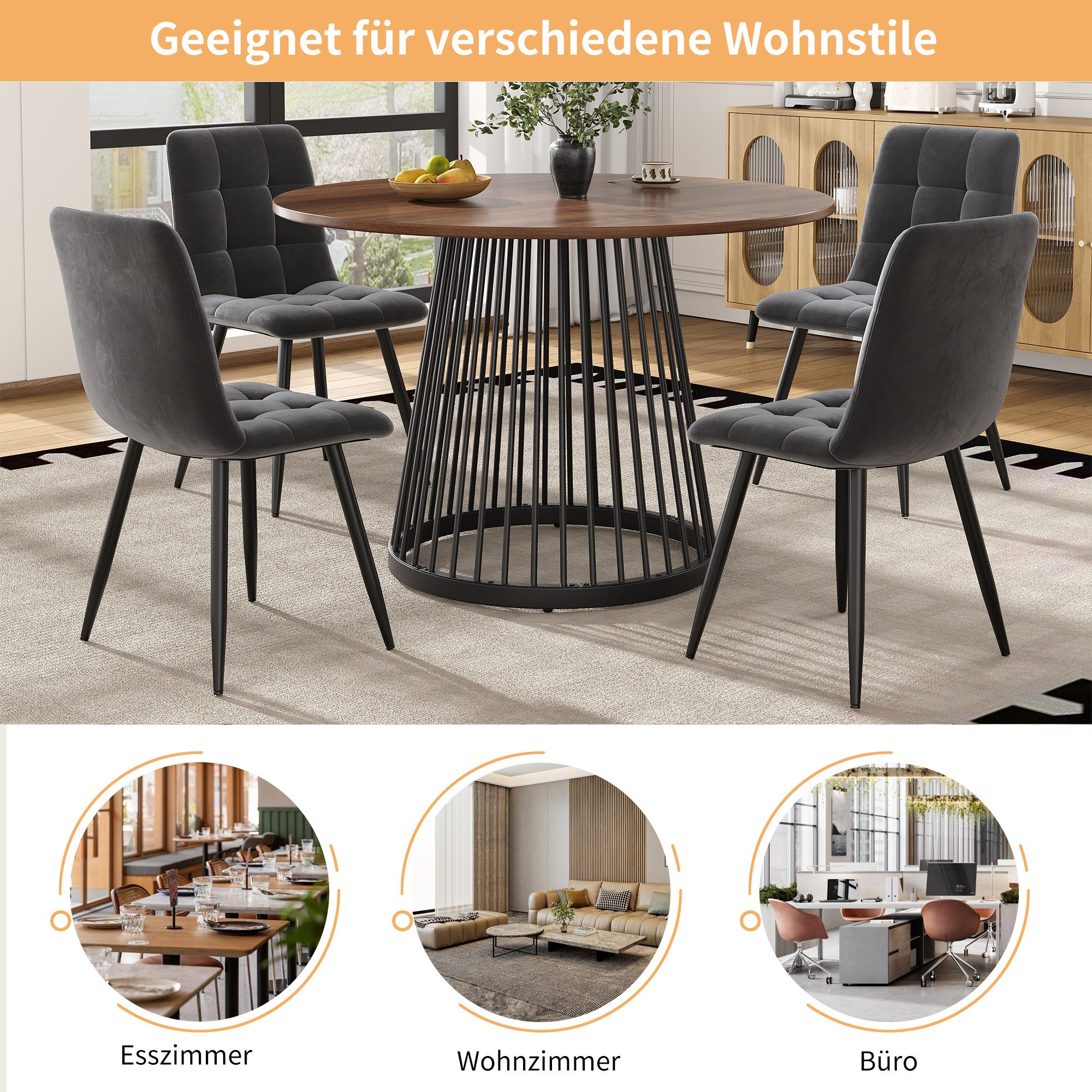 STILVORA Essgruppe Runder Tisch für 4,Kaffeetisch mit Schwarz-Beine&BrauneMDF-Tischplatte