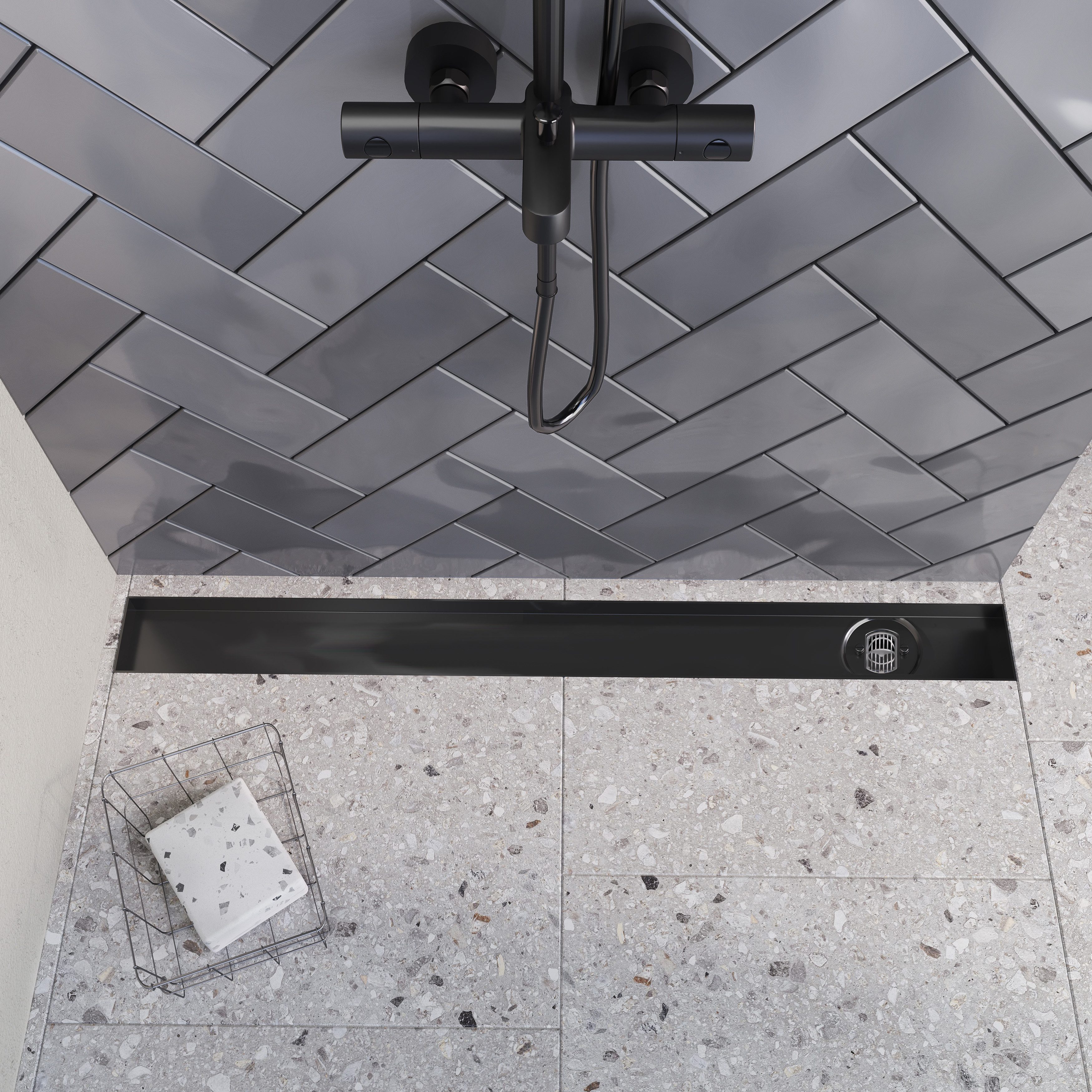 Aquabad® Duschrinne SDS Schwarzmatt Edelstahl Duschablauf, Haarsieb, Viega-Siphon, Komplett-Set, Blende: Befliesbar