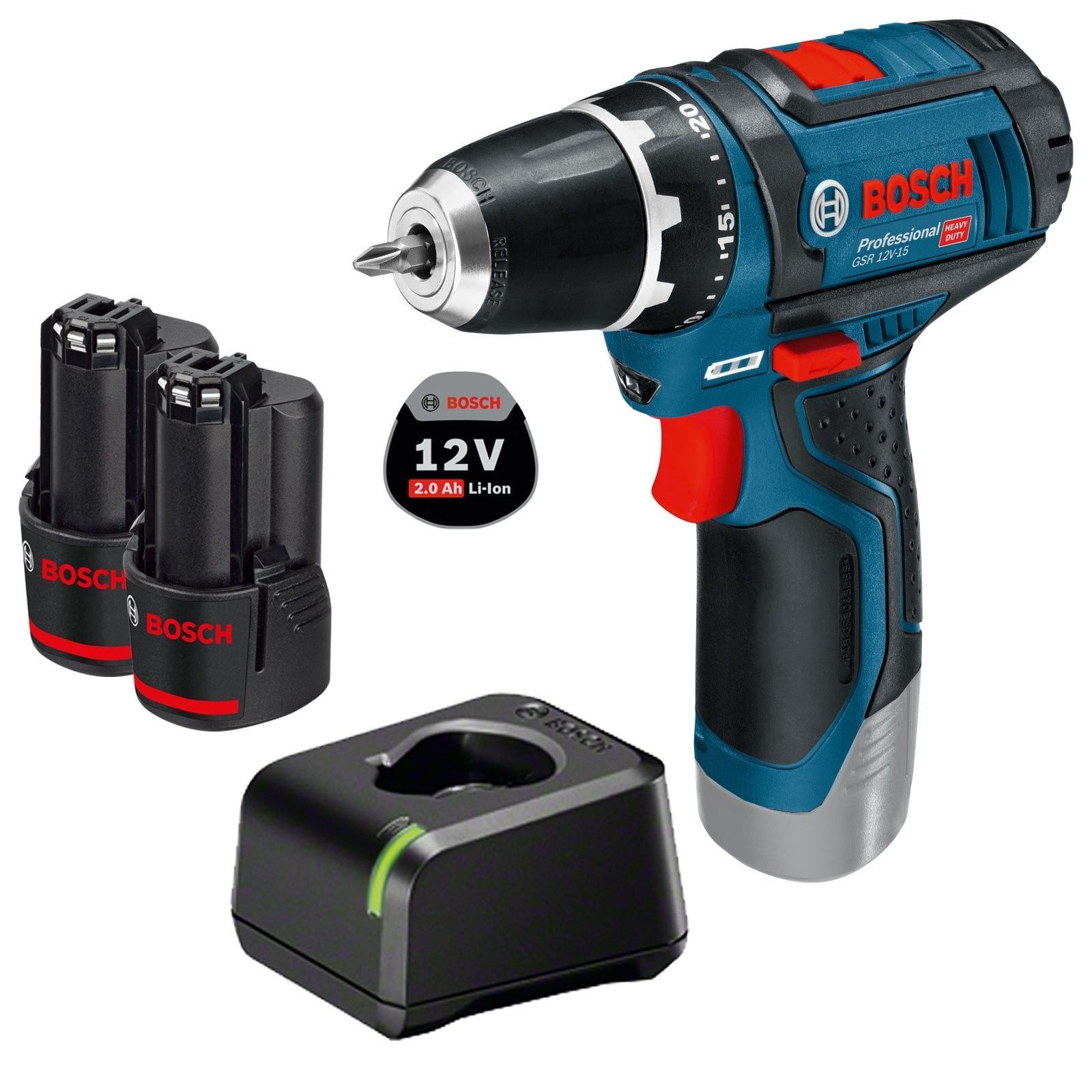 BOSCH Akku-Bohrschrauber Bosch Akku-Bohrschrauber GSR 12V-15 / 2x 2,0 Ah Akku + Ladegerät - 060