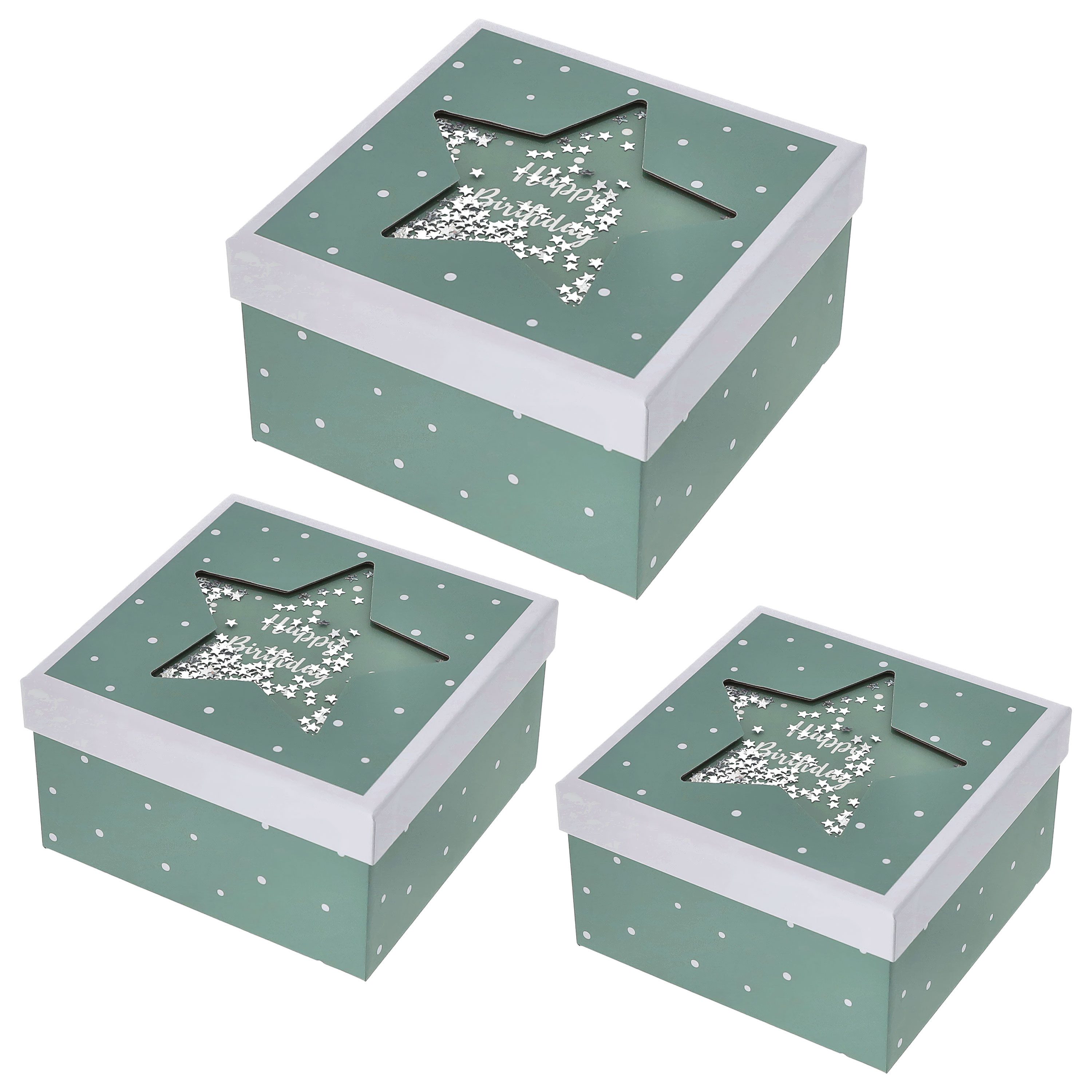 CEPEWA Aufbewahrungsbox Boxenset 'Happy Birthday' 3er Set Sichtfenster grün Papier 900gsm