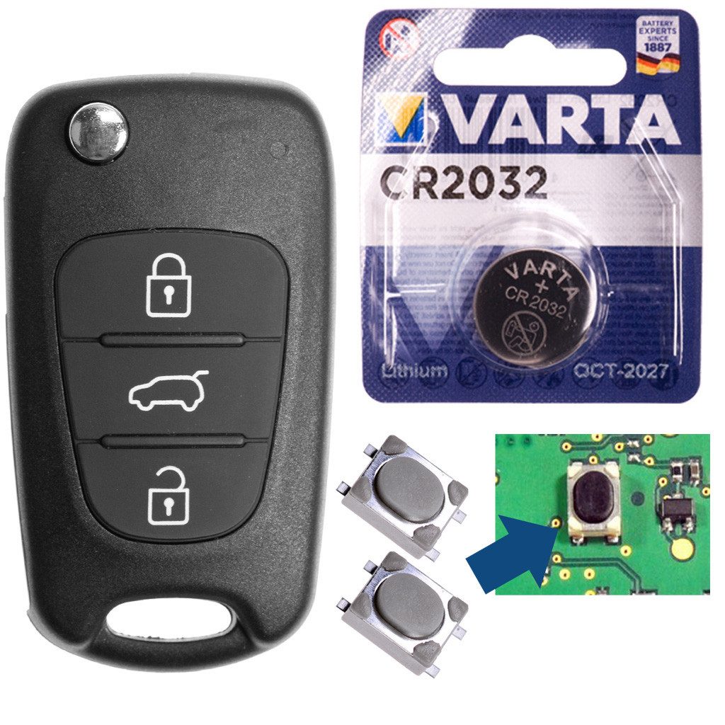 mt-key Auto Klapp Schlüssel 3 Tasten + Mikrotaster + Rohling + VARTA CR2032 Knopfzelle, CR2032 (3 V), für Hyundai Funk Fernbedienung