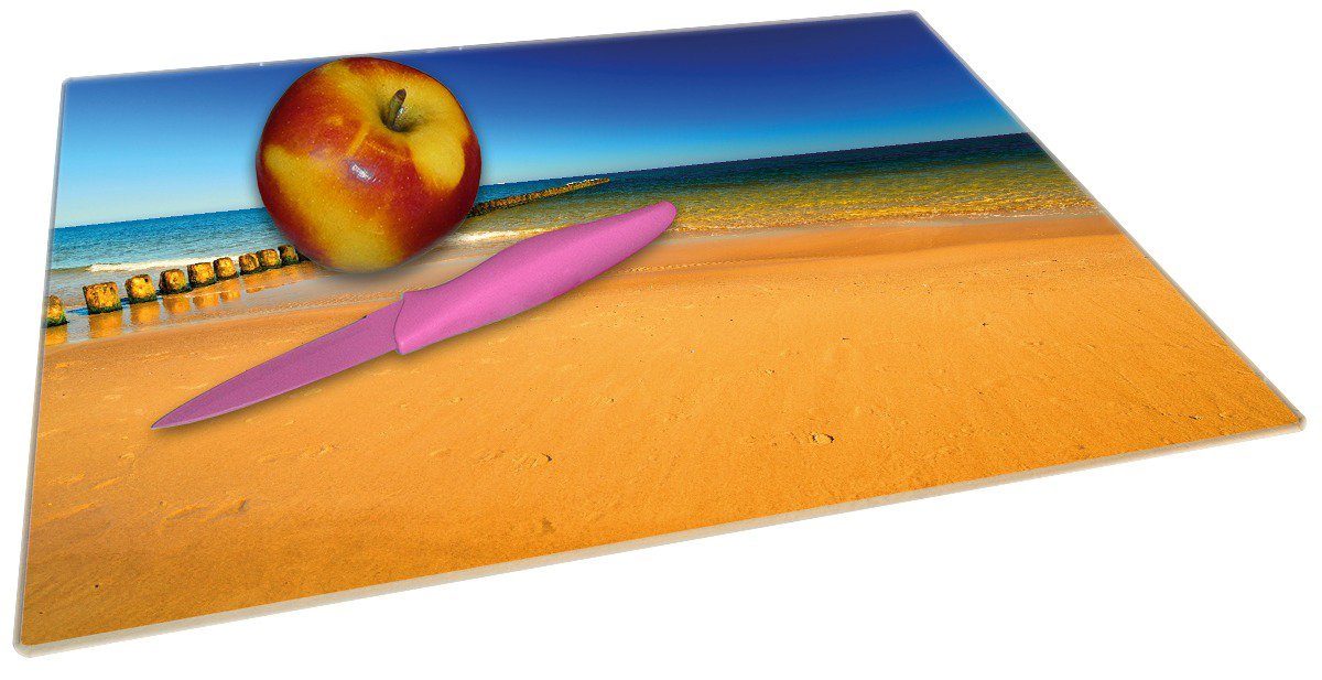 Wallario Schneidebrett Sandstrand in orange 30x40cm Gummifüße (inkl. Blaues - ESG-Sicherheitsglas, Himmel, rutschfester 1-St), - Blauer Meer 4mm