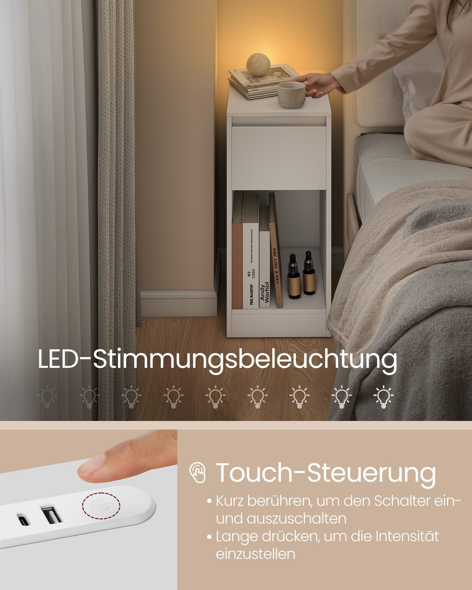 VASAGLE Nachttisch (1-St), schmal Beistelltisch, Nachtschrank mit LED-Beleuchtung,Touch-Steuerung
