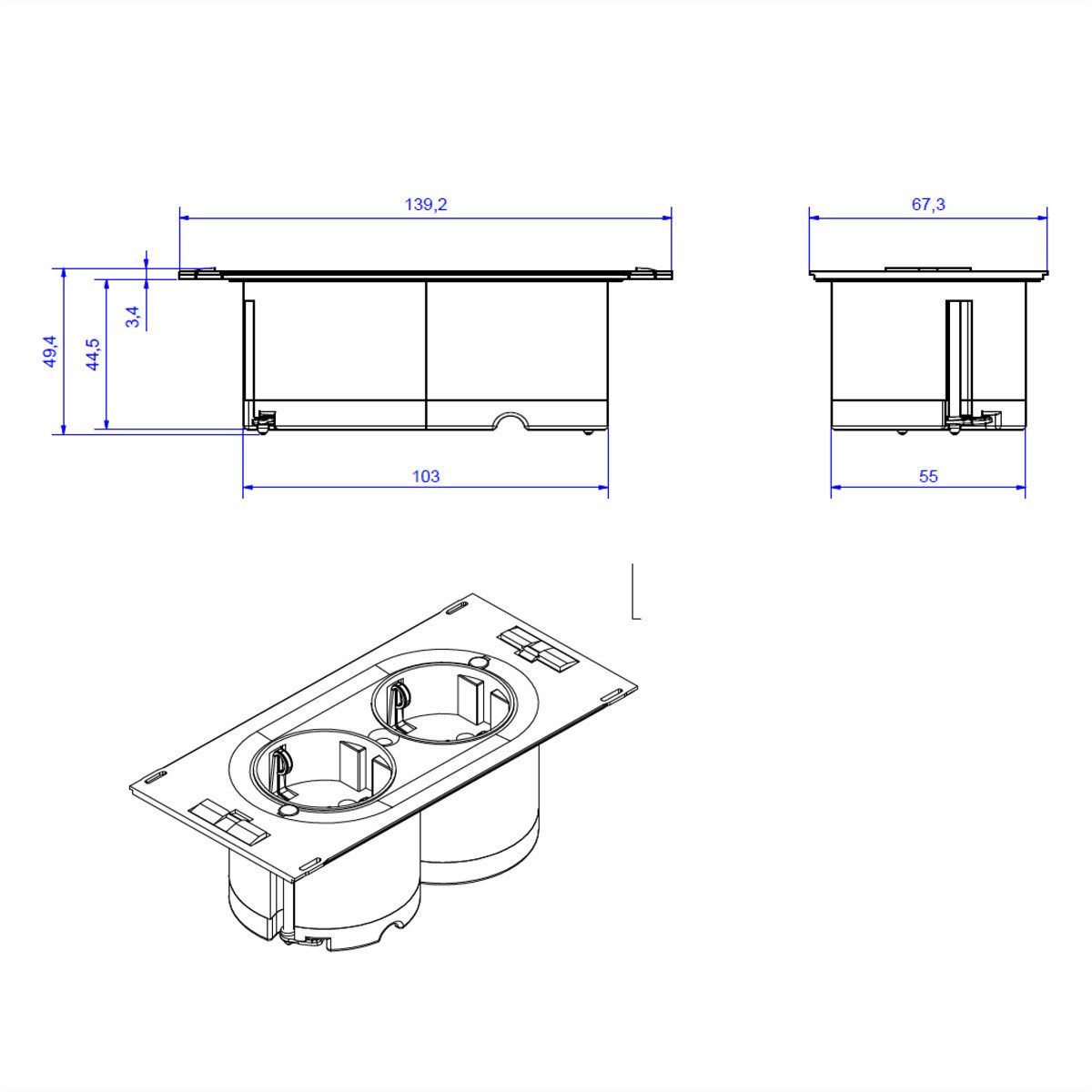 Bachmann DUE 2xCEE7/3 Einbau-Tischsteckdosenleiste (Kabellänge 2 m), incl. Anschlusskabel, ohne Deckel, 929.000