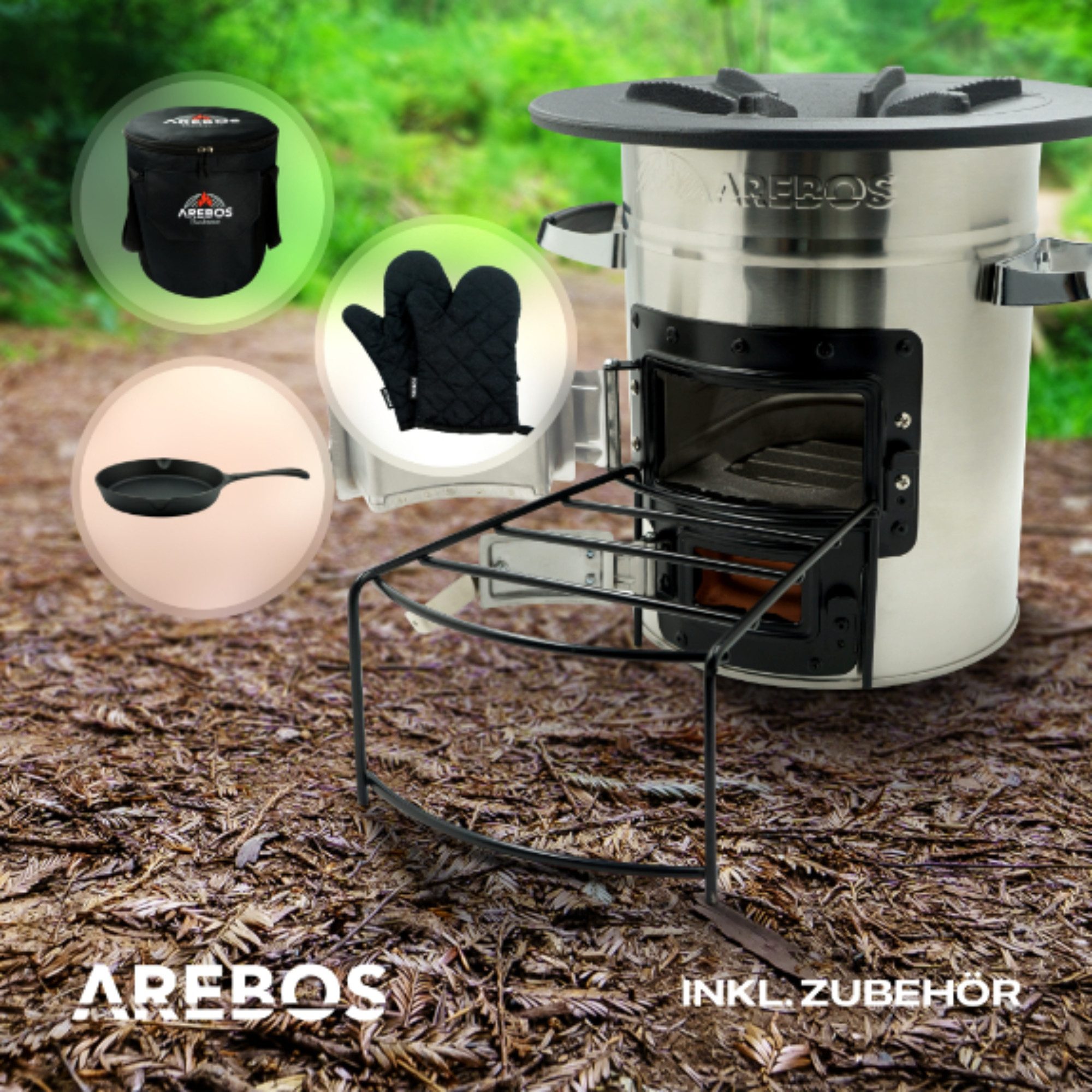 Arebos Fire Pit Rocket Stove incl. Grill Pan Dutch Oven BBQ, (Set), Incl. Carrying Bag, Protective Gloves, Cast Iron Pan & Firewood Rack