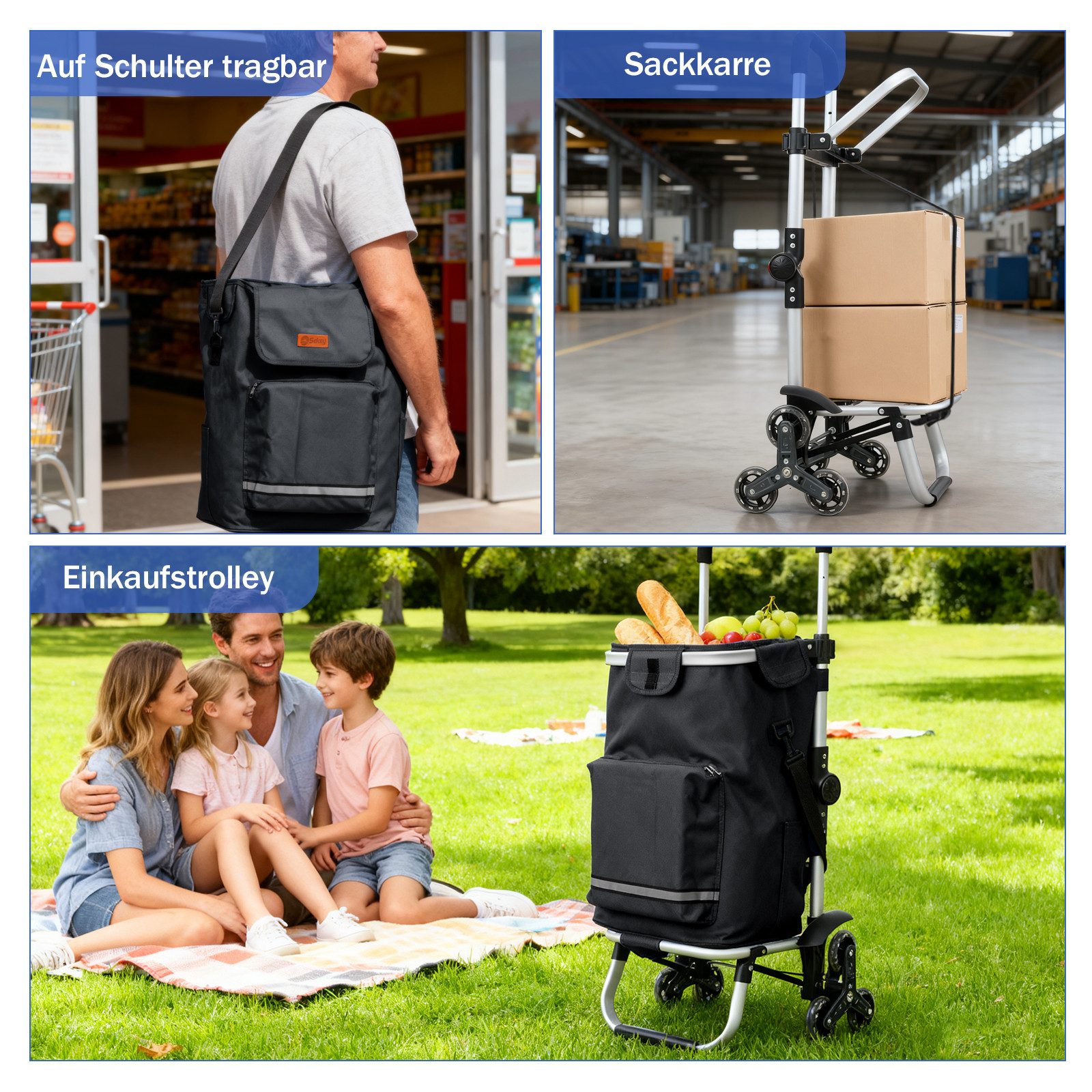 Sekey Einkaufstrolley Klappbarer Einkaufswagen mit Kühlfach, Treppensteiger Trolley 3 in 1, 42 l, Faltbarer Einkaufswagen inkl. Einkaufschip und Spanngurt – Bild 5 von 5
