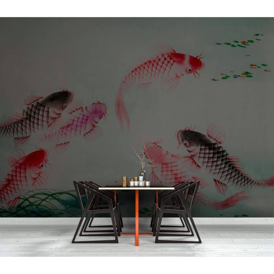 KUNSTLOFT living walls Fototapete Japan XXL Patel, dancing Fische Große Tanzende Kois x by 4m Vliestapete Tapete Koi Fototapete 2.7m kois