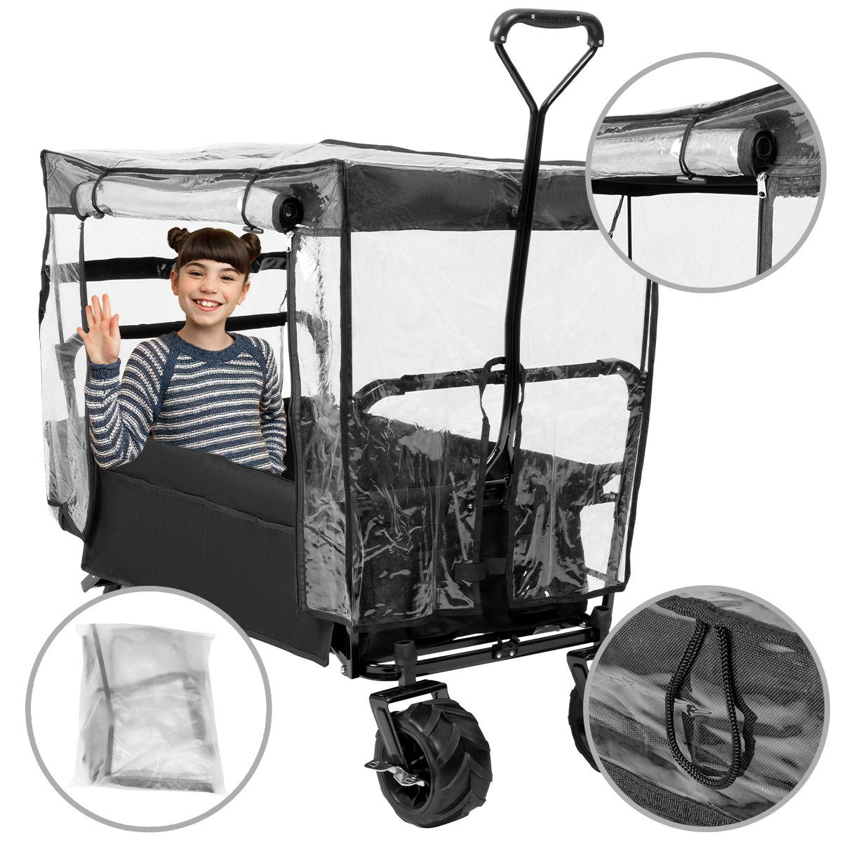 miweba Kinderwagen-Regenschutzhülle Faltbarer Bollerwagen MB-10 / MB-15 / MB-20 Regenschutz (Fenster für Lüftung, Be- und Entladung, Ein- und Ausstieg, inkl. Befestigung, 1-St., Regenschutzhülle - alle gängigen Bollerwägen), Wasser- und winddicht - Reißverschluss - transparent