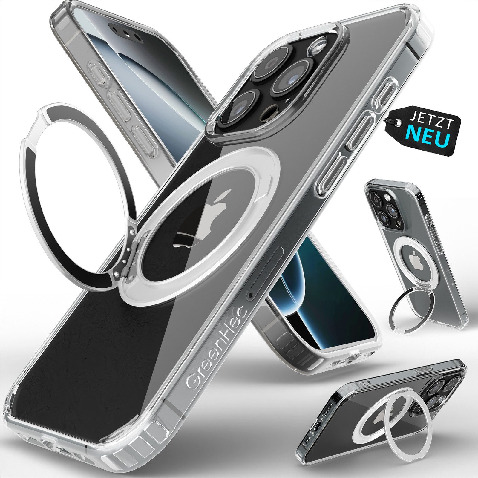 GreenHec Handyhülle Schutzhülle iPhone 16 15 14 13 Pro Max Plus Ring Case Klar Transparent 17,8 cm (7 Zoll), MagStand Ring Hülle mit Magnetring für iPhone, GreenHec Clear Case