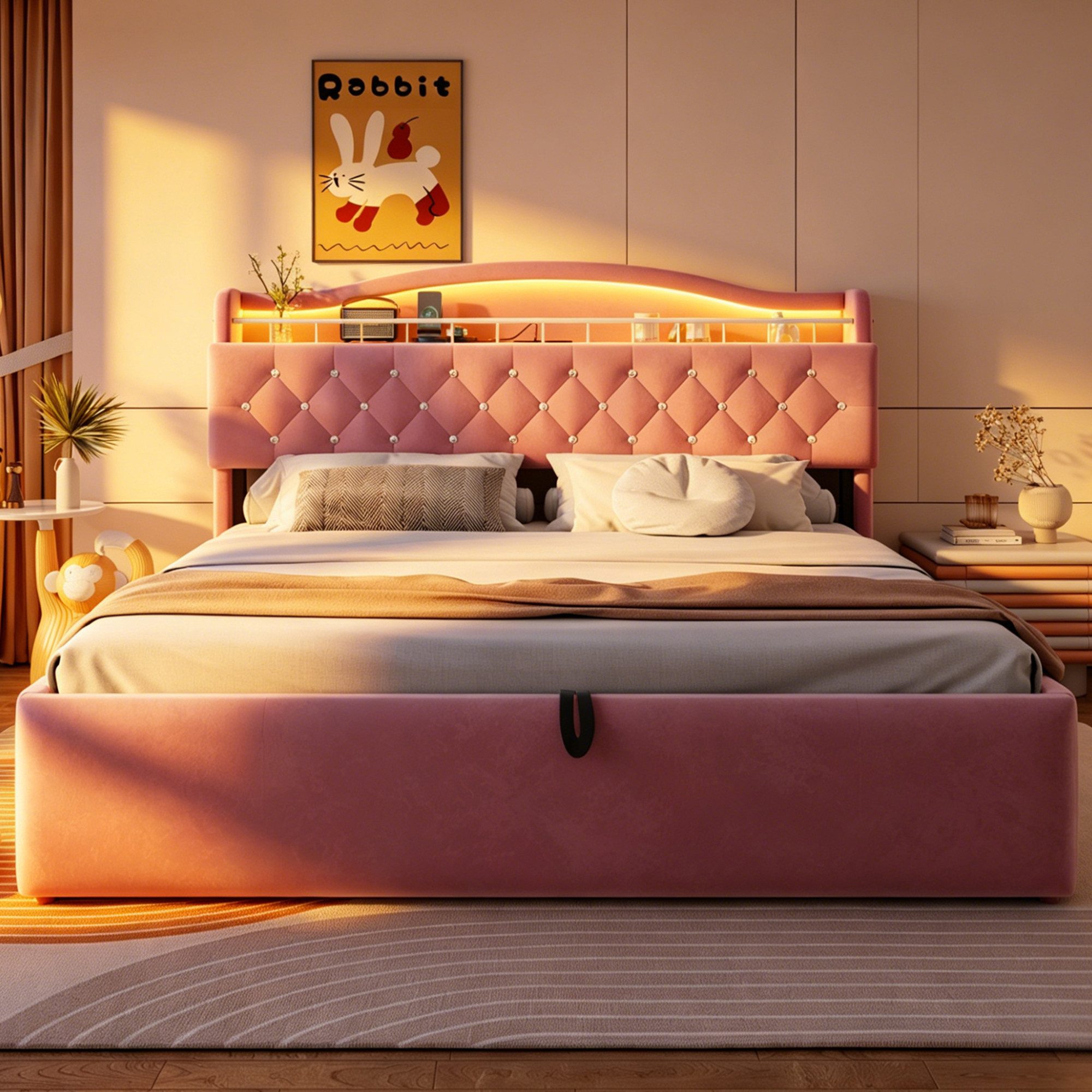 Merax Polsterbett mit LED-Kopfteilbeleuchtung und USB & USB-C Anschlüssen, Samtbezug (Multifunktionsbett, 1-tlg), Doppelbett 180x200cm mit hydraulischem Staurau – Bild 2 von 5