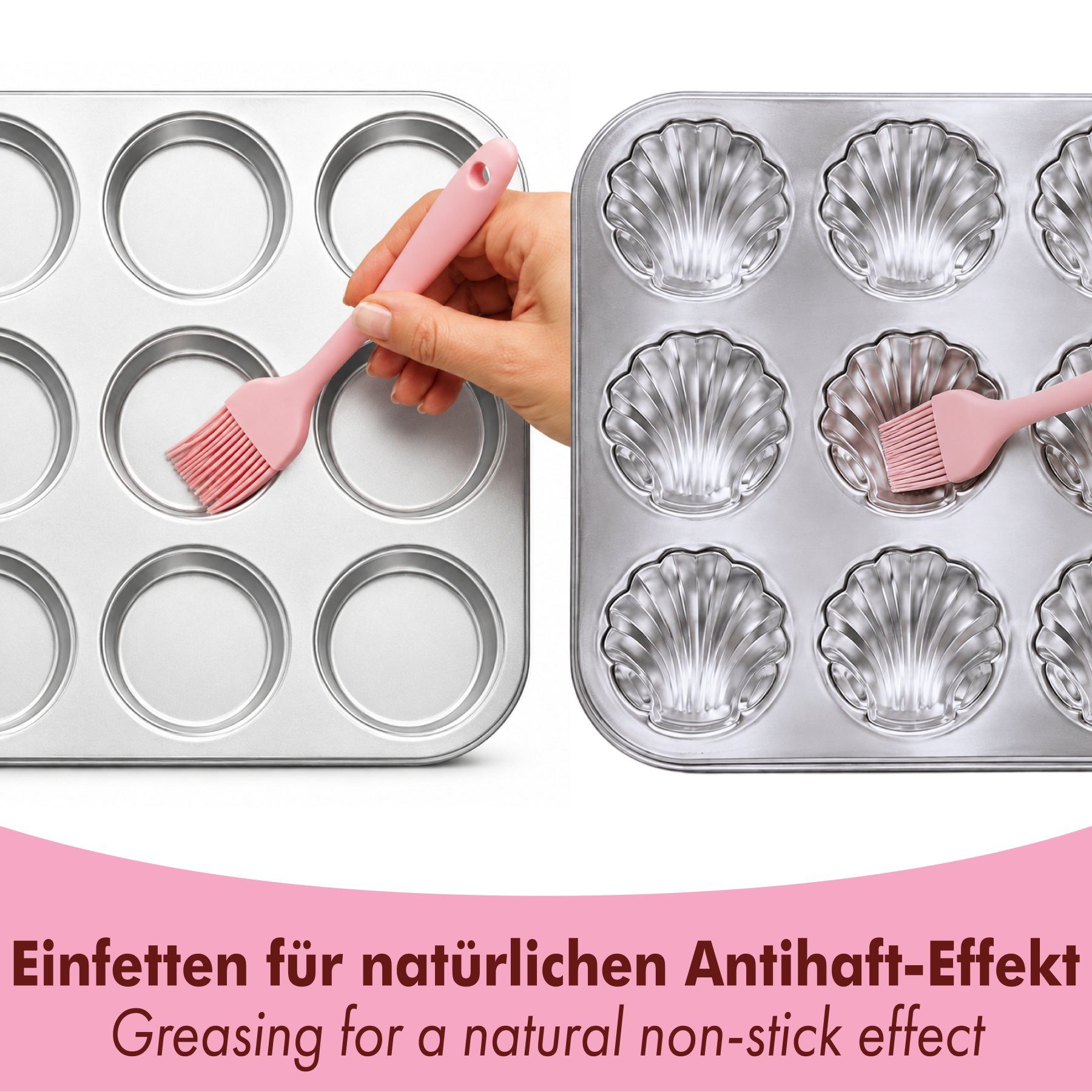 immer Muffinform Edelstahl Backform Muffinblech 12 Whoopie-Pie & 12 Muschel-Mulden, (Muffinblech-Set 2-tlg)