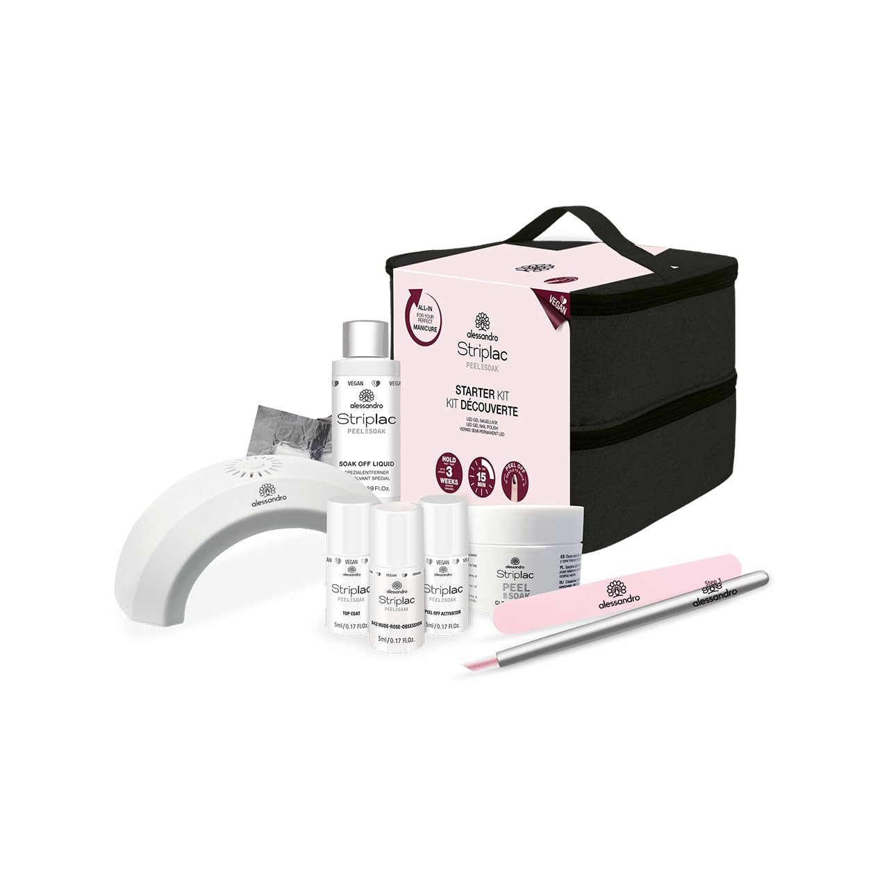 alessandro international Nagelpflege-Set STRIPLAC Vegan Starter Set LED Lampe Koffer Rose Peel or Soak