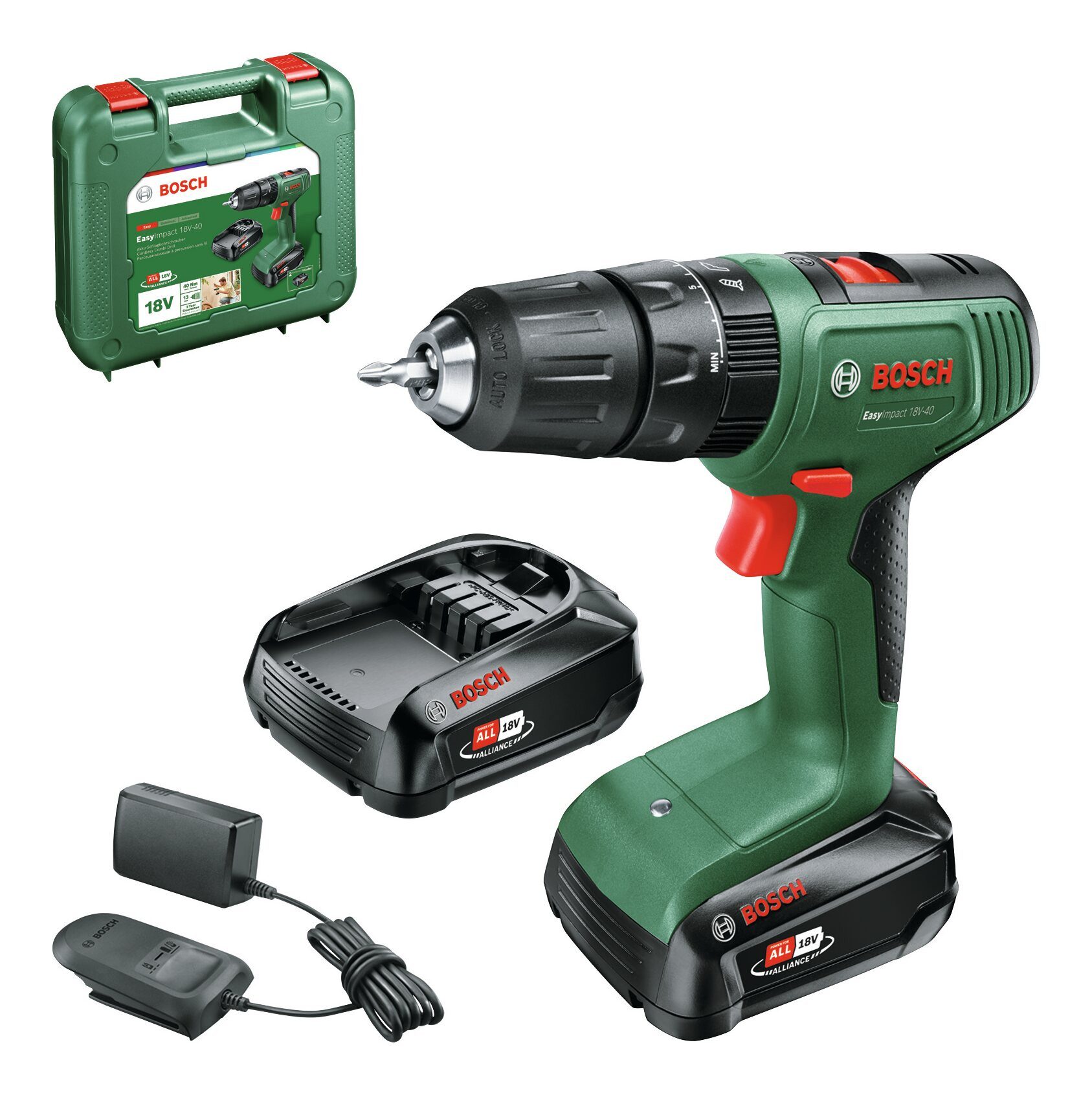 BOSCH Akku-Schlagbohrschrauber EasyImpact 18V-40, 18 V, Bohrschrauber mit 2x Akku 1,5 Ah - im Koffer