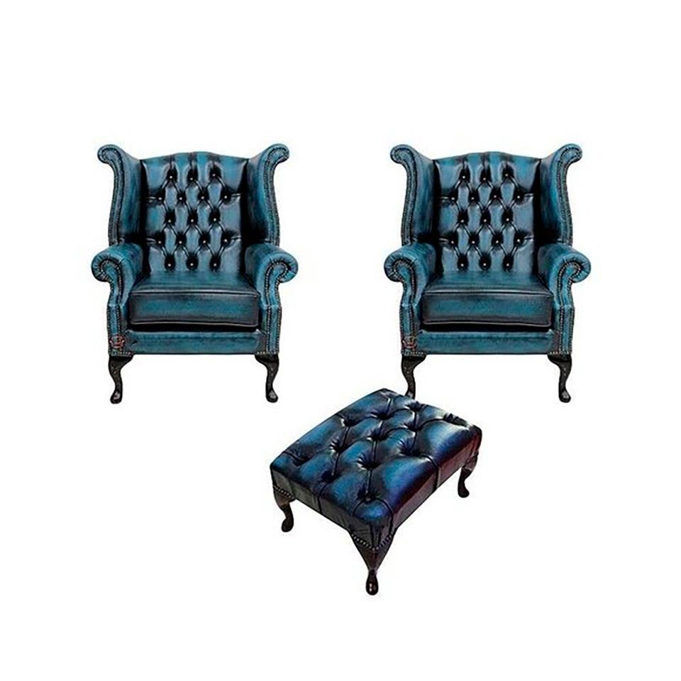 2x Design Ohrensessel, Hocker + Chesterfield Garnitur JVmoebel Ohrensessel