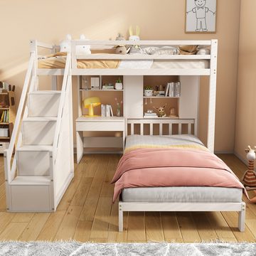 MODFU Etagenbett Doppelbett (mit Schreibtisch und Regale, mit Lattenrost, weiß, 90*200, multifunktionales Kinderbett, Stauraumfunktion), multifunktionales Design
