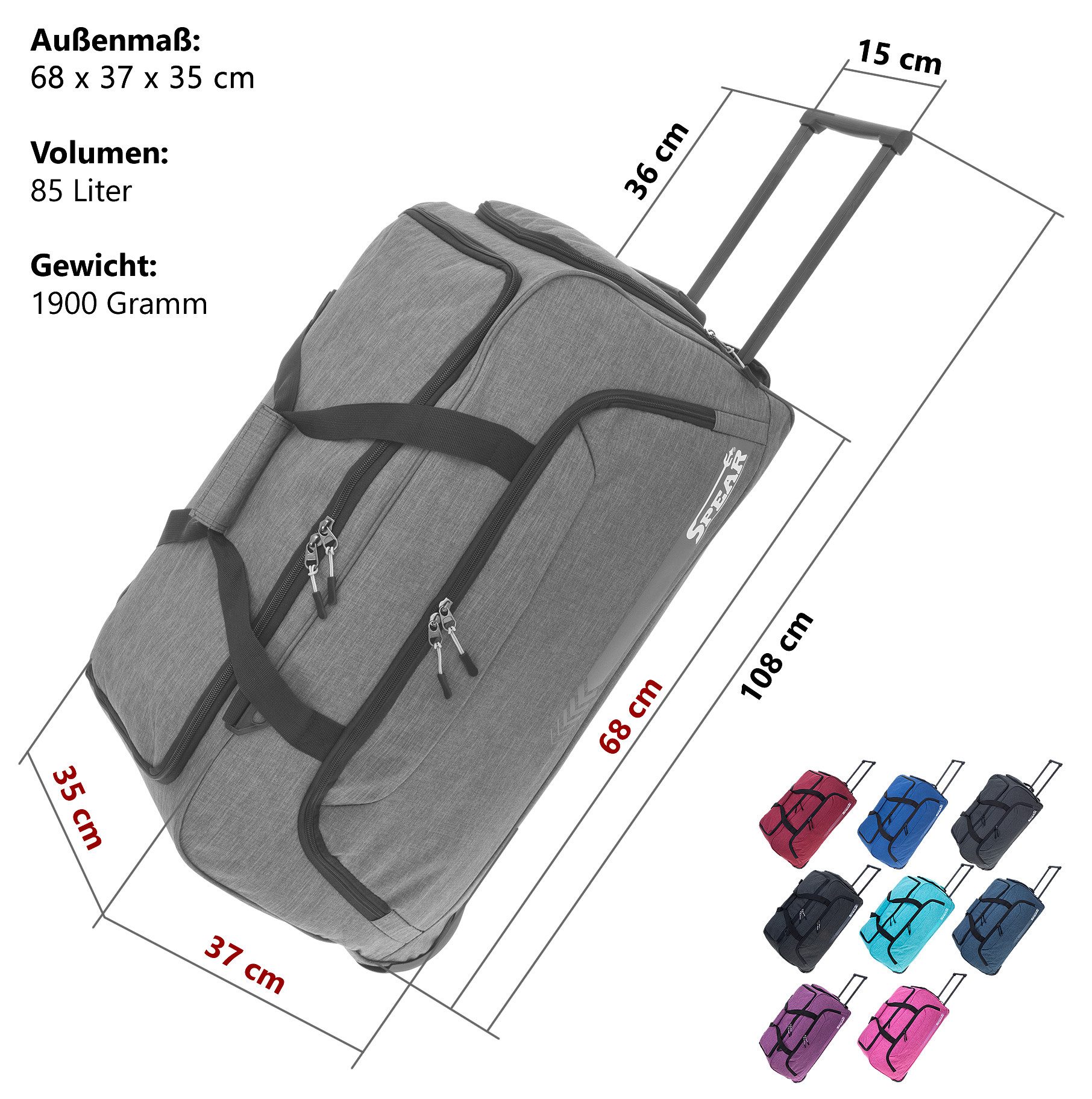 Spear Bags Trolley Cruiser Reisetasche 85 L 68 cm Trolly mit Schultergurt, Reise Tasche Rollen Schuhfach Damen Herren + Koffergurt