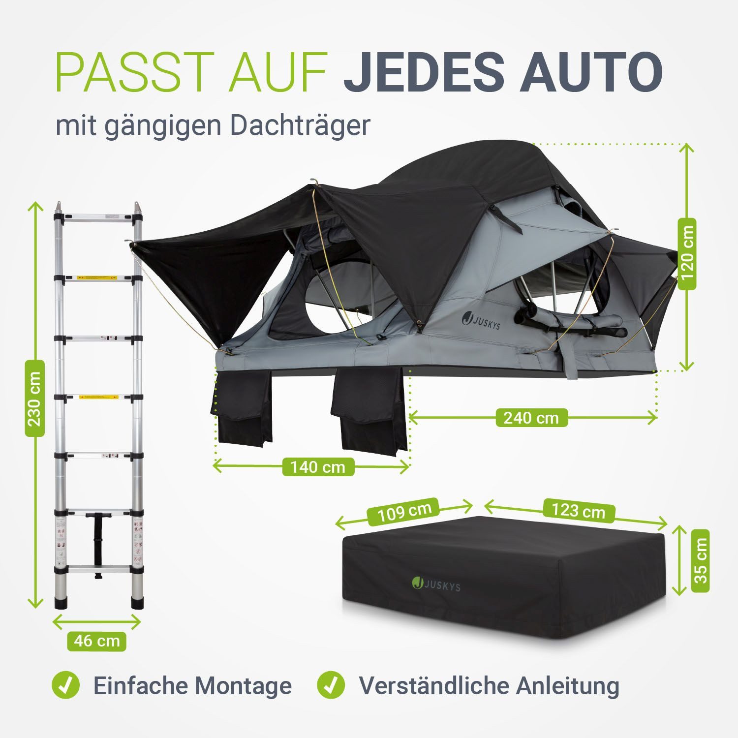 Juskys Dachzelt Lago, Wasserdicht, Teleskopleiter, 2 Personen Zelt, LED Beleuchtung