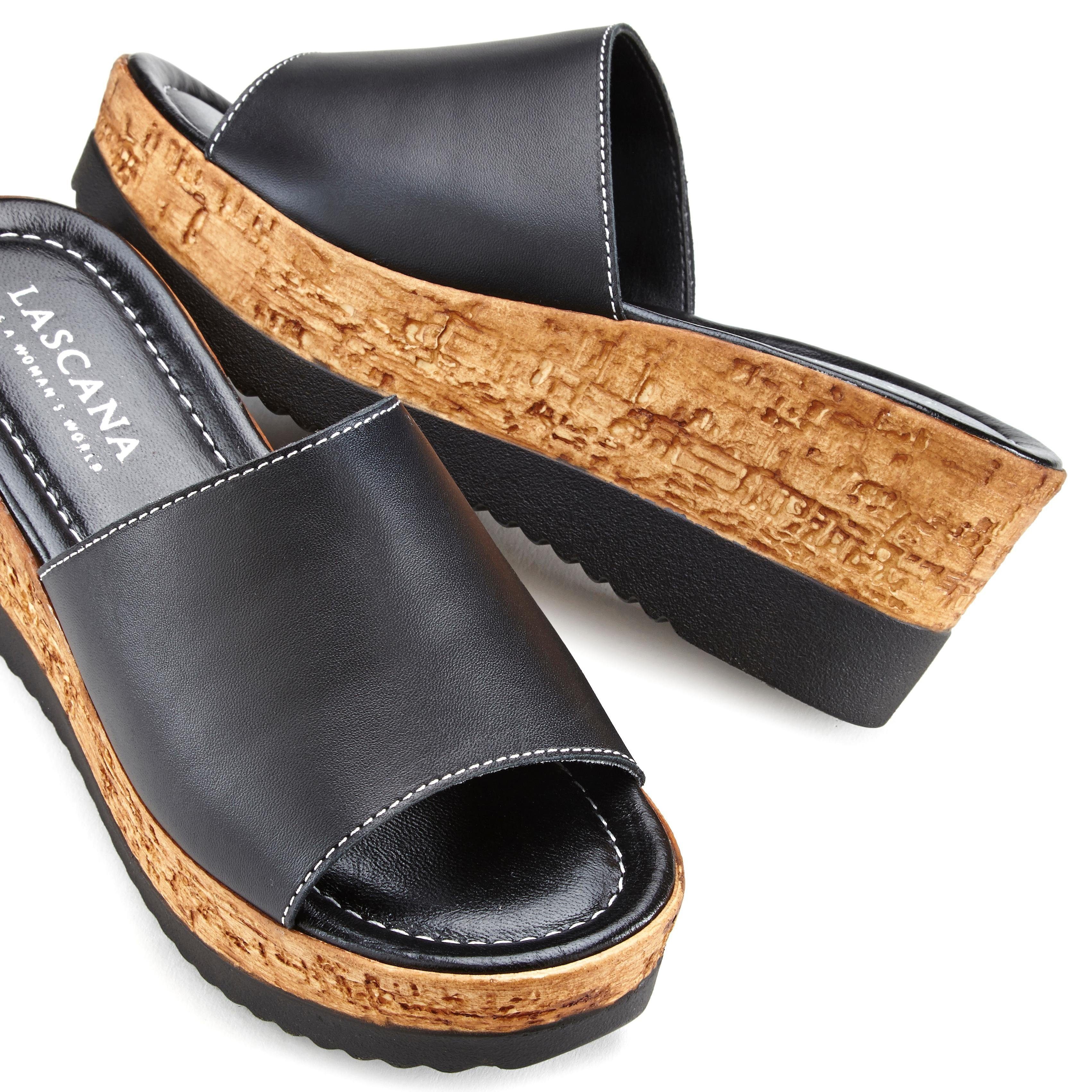 Sandale, LASCANA schwarz offener Pantolette mit Schuh Leder Mule, aus Keilabsatz