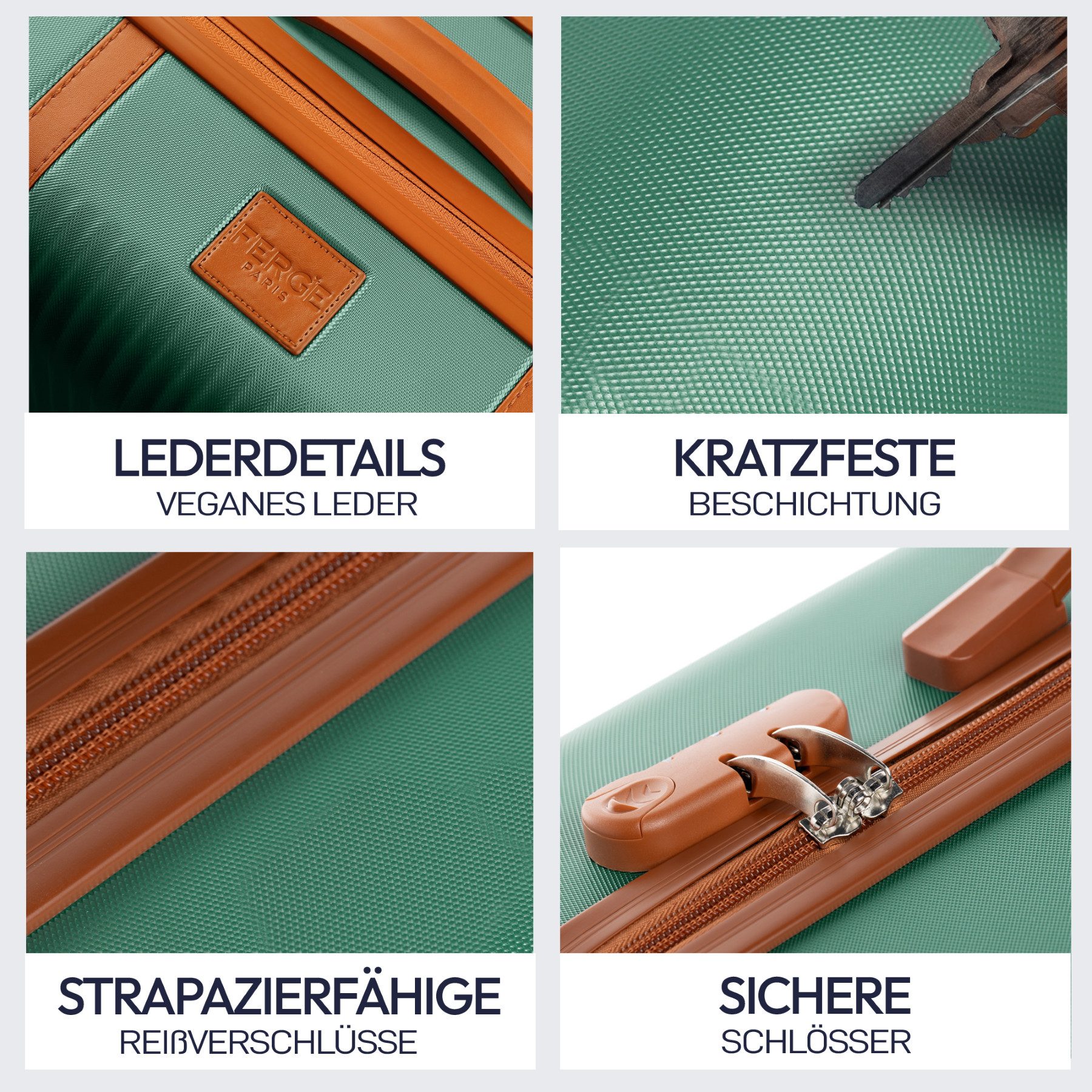 FERGÉ Kofferset Hartschale 3 teilig Koffer Set MILANO Sage-Green, 4 Rollen, (3er Kofferset stabil und leicht mit Zahlenschloß, 3 tlg., Hartschalen-Trolley Set 3 Größen Handgepäck Koffer M XL), Trolley 3er Koffer Set, Reisekoffer 4 Rollen, Premium Rollkoffer