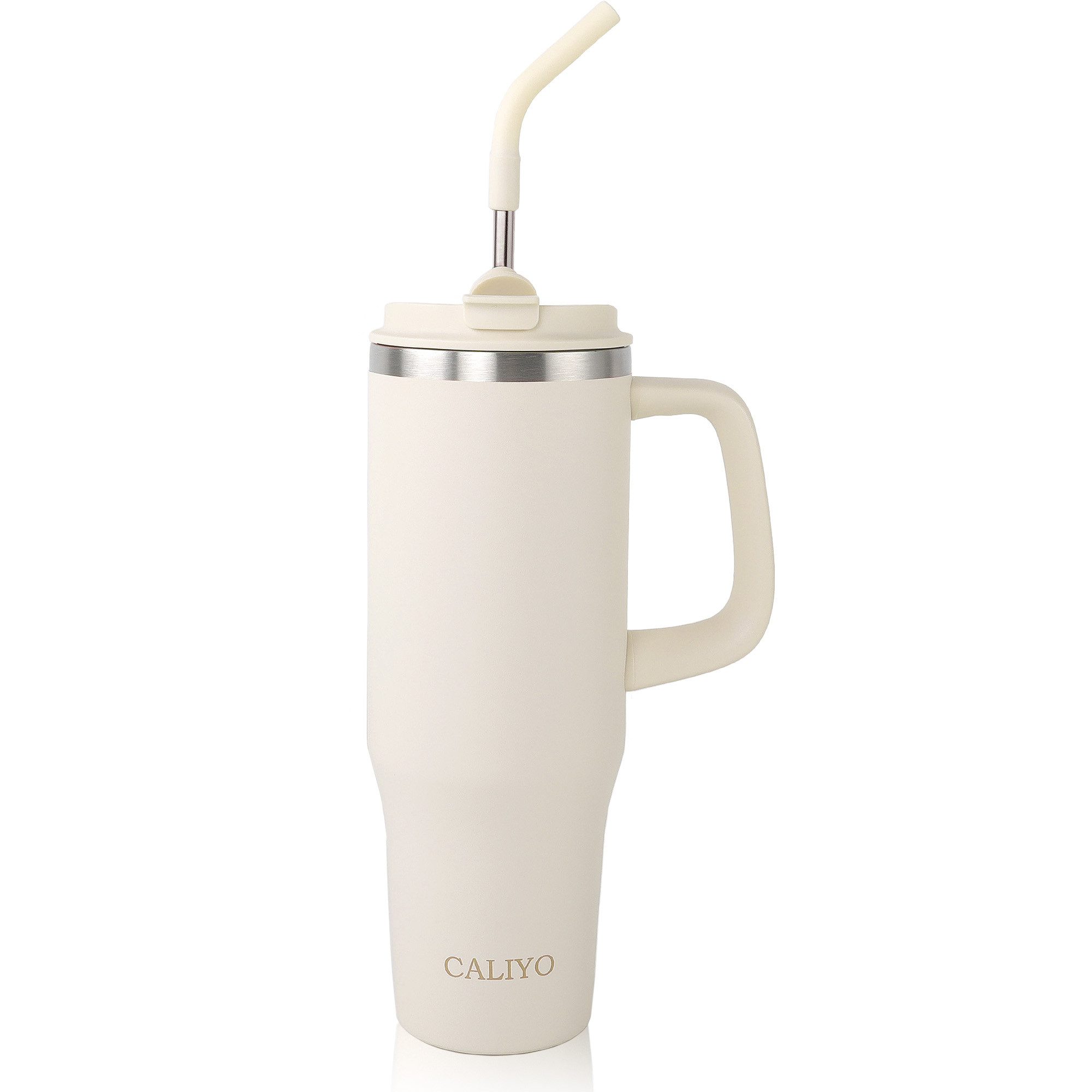 CALIYO Thermobecher Edelstahl Autobecher BPA frei mit Strohhalm und Deckel 1.2L, Spülmaschinenfest Langanhaltend kühl / warm für Sport, Reisen