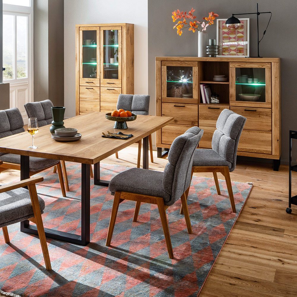 Lomadox Esszimmer-Set KUMASI-06, (Spar-Set, 3-St., Vitrine Highboard Esstisch), mit Esstisch 180x100cm, Eiche teilmassiv, inkl. LED-Beleuchtung