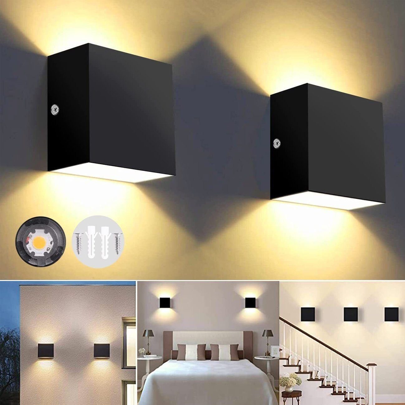 LETGOSPT Wandleuchte 6W/12W LED Wandlampe Innen, LED Wandstrahler Wandleuchte 10x10x5cm, LED fest integriert, Warmweiß, Treppen Flur Modern Square Lampe, für Wohnzimmer, Schlafzimmer, Treppe