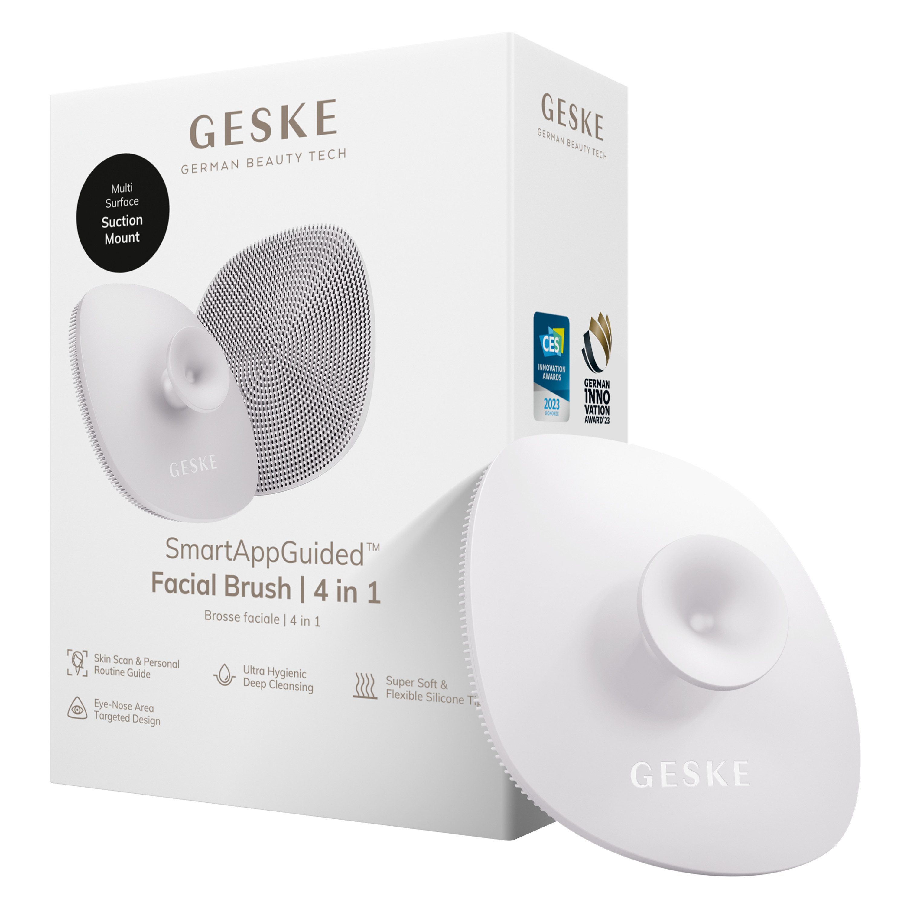 GESKE German Beauty Tech Gesichtsreinigungsbürste SmartAppGuided™ Facial Brush 4 in 1, Packung, 1-tlg., inkl. kostenloser APP (SmartAppGuided Device), Mit der GESKE App erhältst Du deine personalisierte Hautpflegeroutine.
