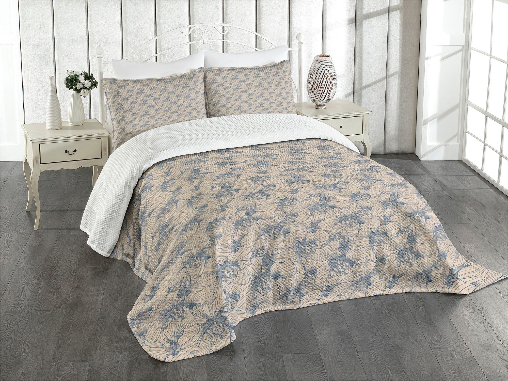 Abakuhaus Tagesdecke Set mit Kissenbezügen Waschbar, Botanisch Bicolor Orchidee Blumen