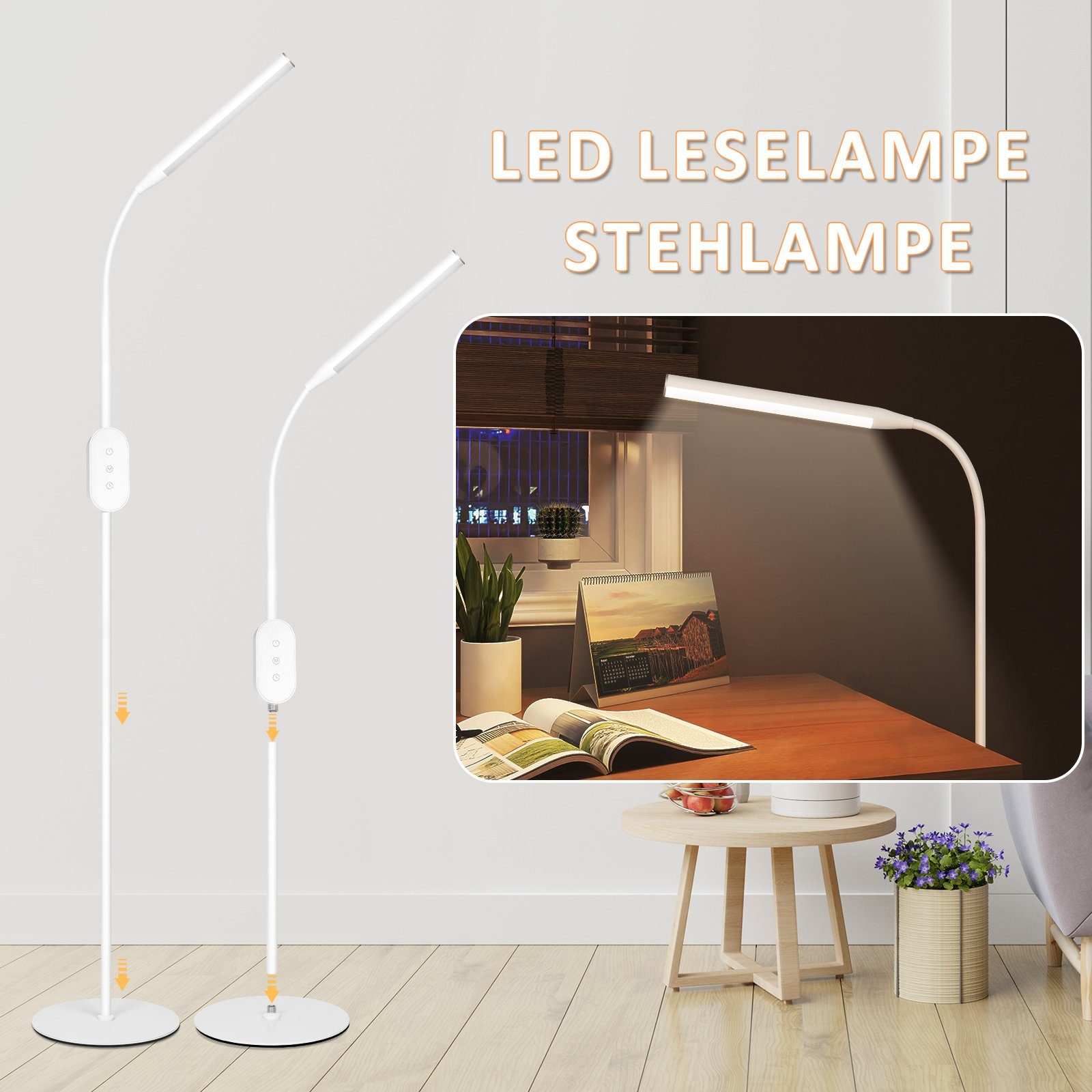 Modern LED Timer Beleuchtung Stehlampe dimmbar, integriert, mit ZMH Touch LED Büro, weiß Leselampe fest Deko