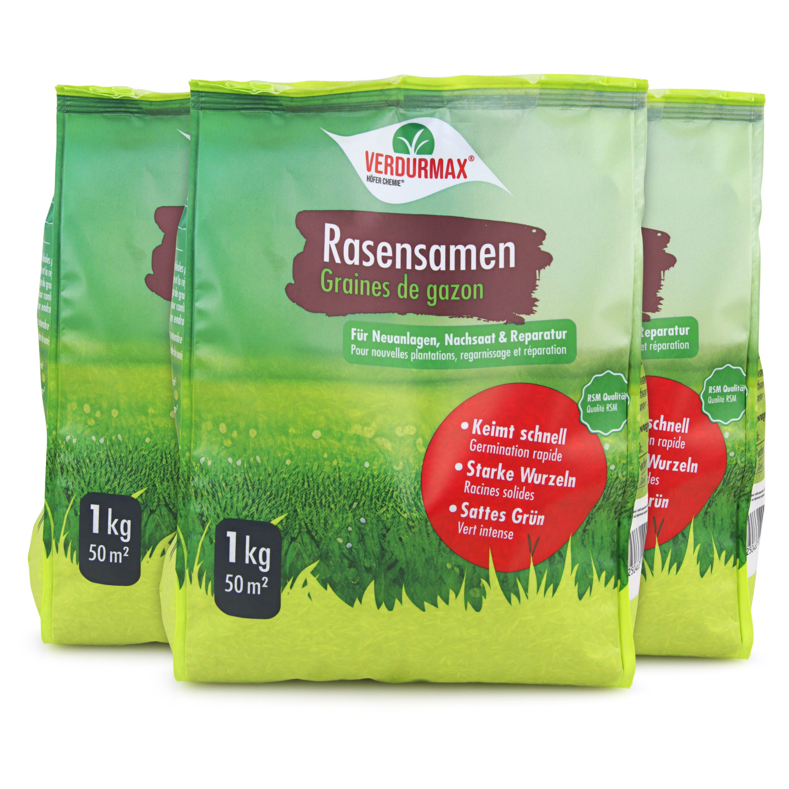 Höfer Chemie GmbH Rasensamen 3 x 1 kg VERDURMAX® Rasensamen, 3 kg, Hochwertige Samen für dichten Rasen