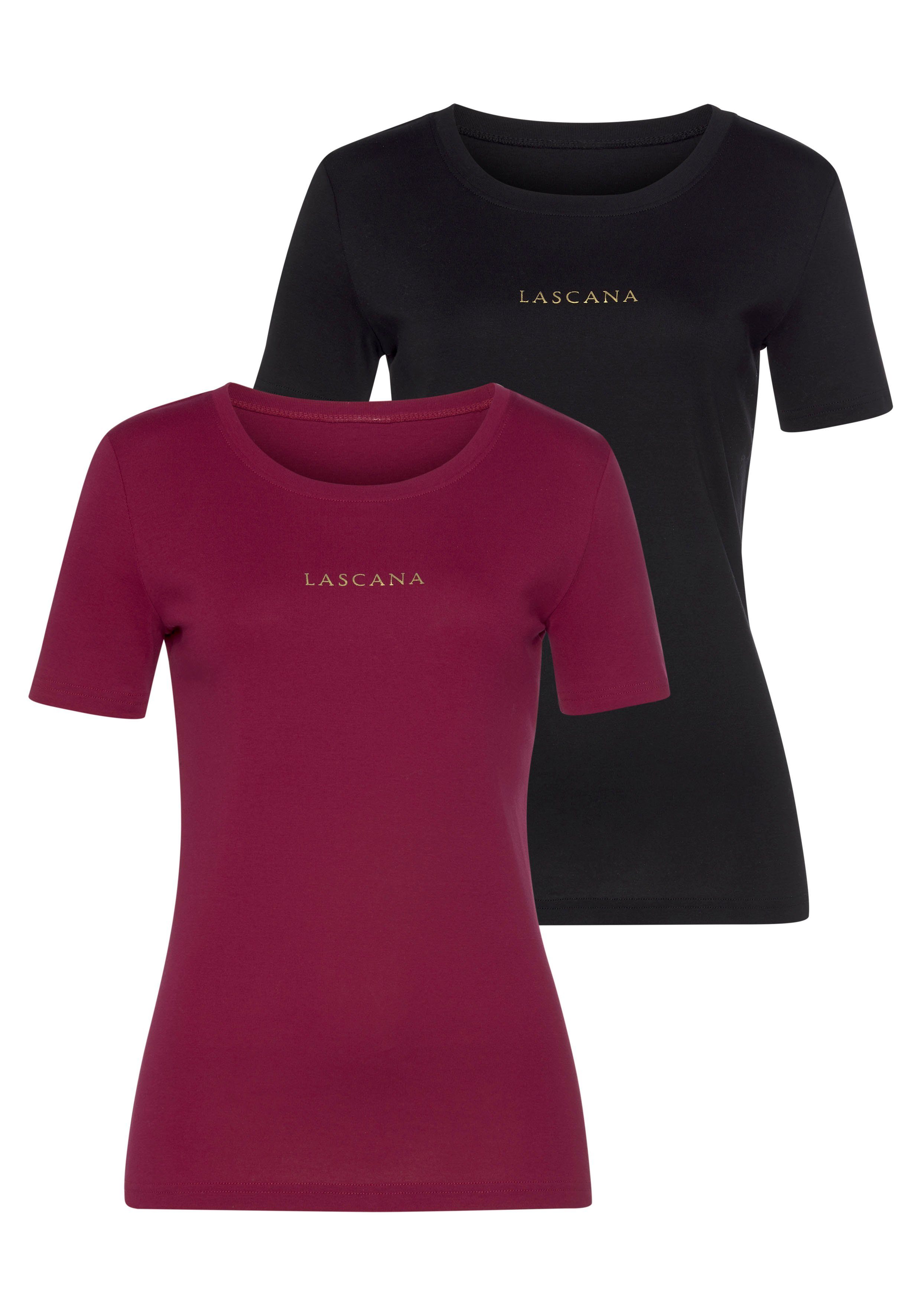 LASCANA T-Shirt (2er-Pack) Logodruck schwarz goldenem mit bordeaux