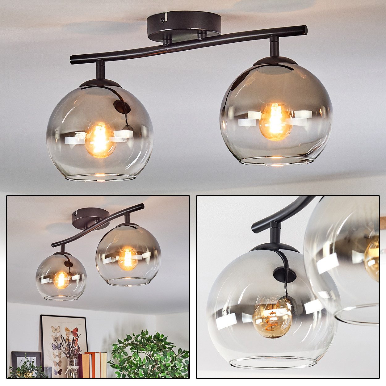 hofstein Deckenleuchte Deckenlampe aus Metall/Glas in Schwarz/Chrom-/Rauchfarben/Klar, Deckenleuchte im Retro/Vintage-Design (Schirme Ø 15 cm), 2 x E14