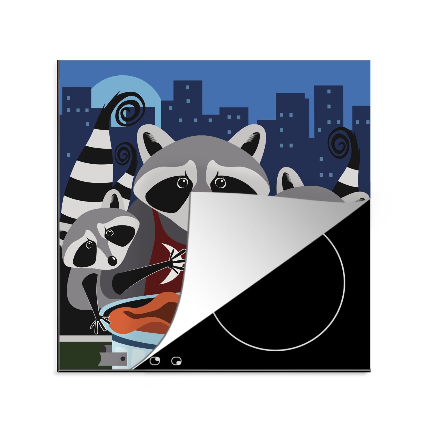 MuchoWow Herdblende-/Abdeckplatte Illustration von Waschbären um eine Mülltonne, Vinyl, (1 tlg), 78x78 cm, Ceranfeldabdeckung, Arbeitsplatte für küche
