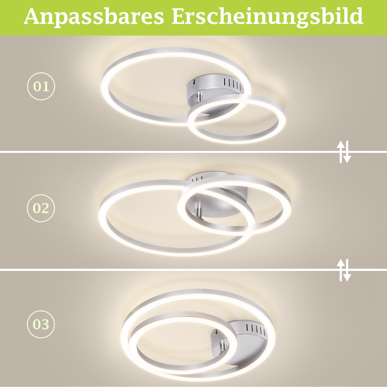 Nettlife LED Deckenleuchte Wohnzimmer 2 Ringe Schwarz/Weiß/Silber Modern 23W Deckenlampe 40.5CM, Nicht dimmbar, LED fest integriert, Warmweiß, für Wohnzimmer Sc – Bild 2 von 5
