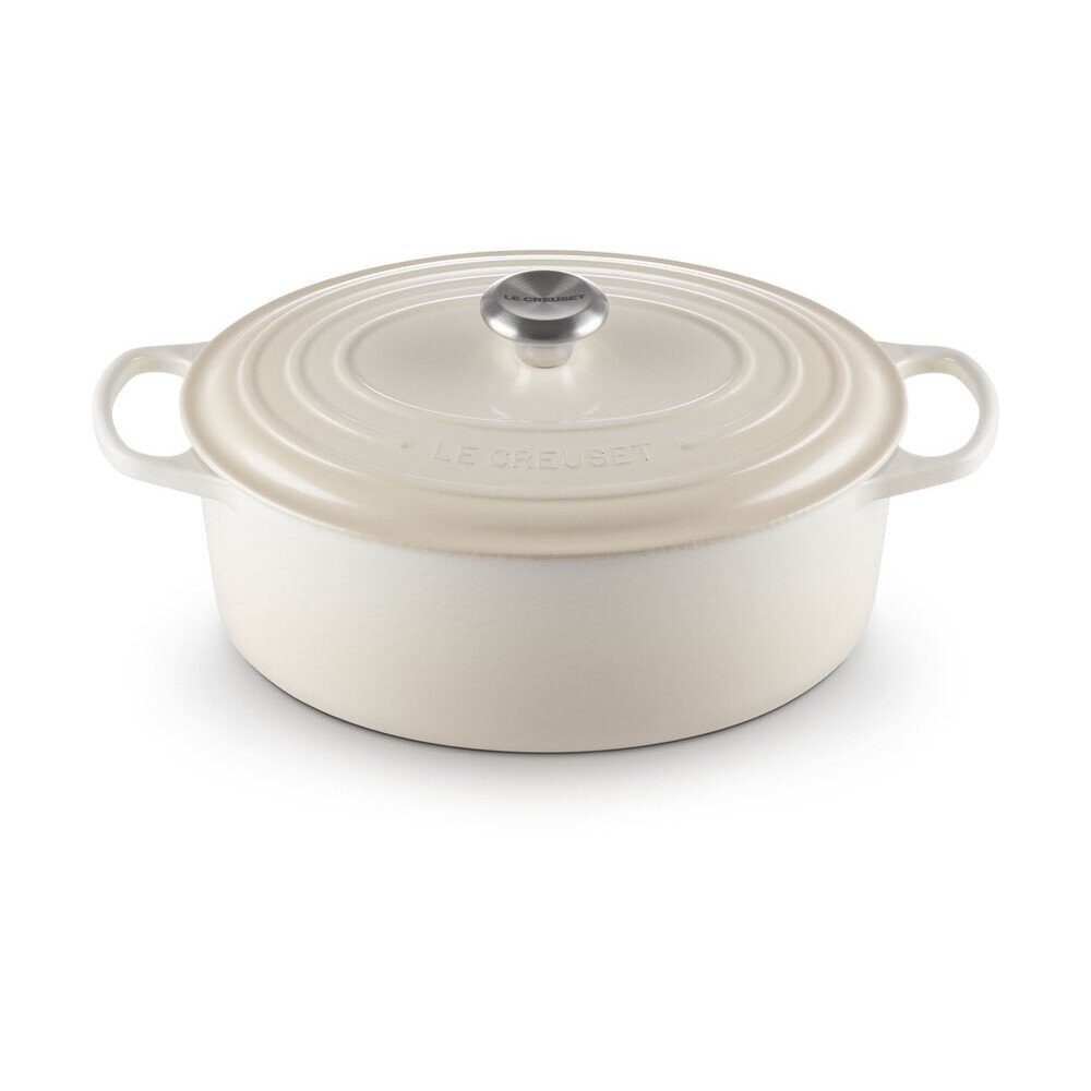 LE CREUSET Bräter Bräter mit Deckel 31 cm Signature Meringue, Emailliertes Gusseisen, ovaler Schmortopf, Cocotte, Bratentopf, ca. 6-7 Pers., Ø31cm, weiß