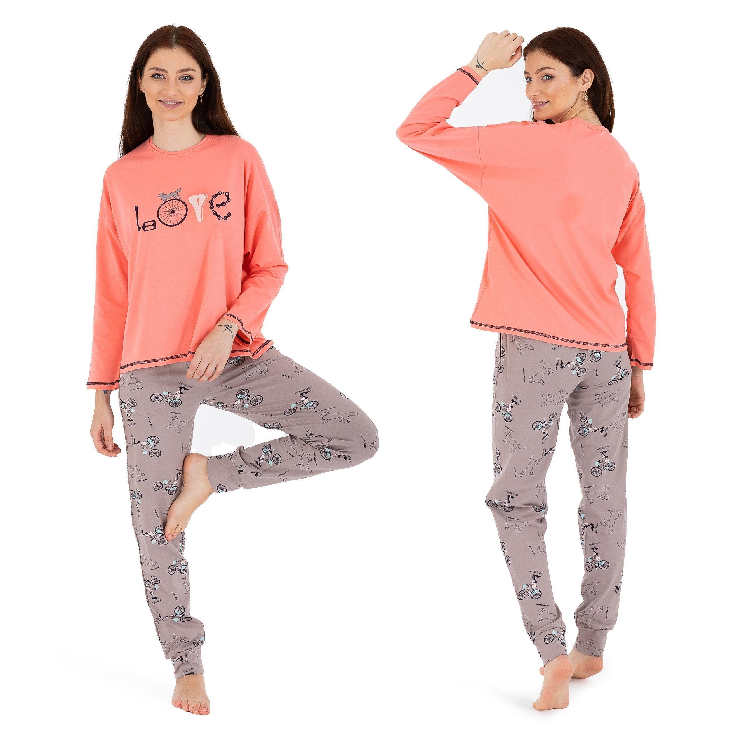 LOREZA Schlafanzug Schlafanzug Pyjama langarm- Love - Bunt (Set, 2 tlg)