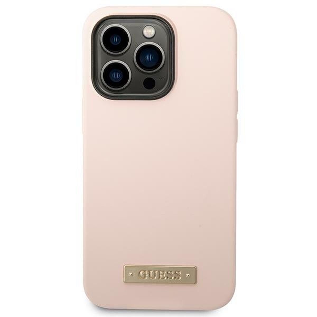 Guess Handyhülle Guess Apple iPhone 14 Pro Max Hard Case Silicone Logo Plate MagSafe Cover Schutzhülle Rosa