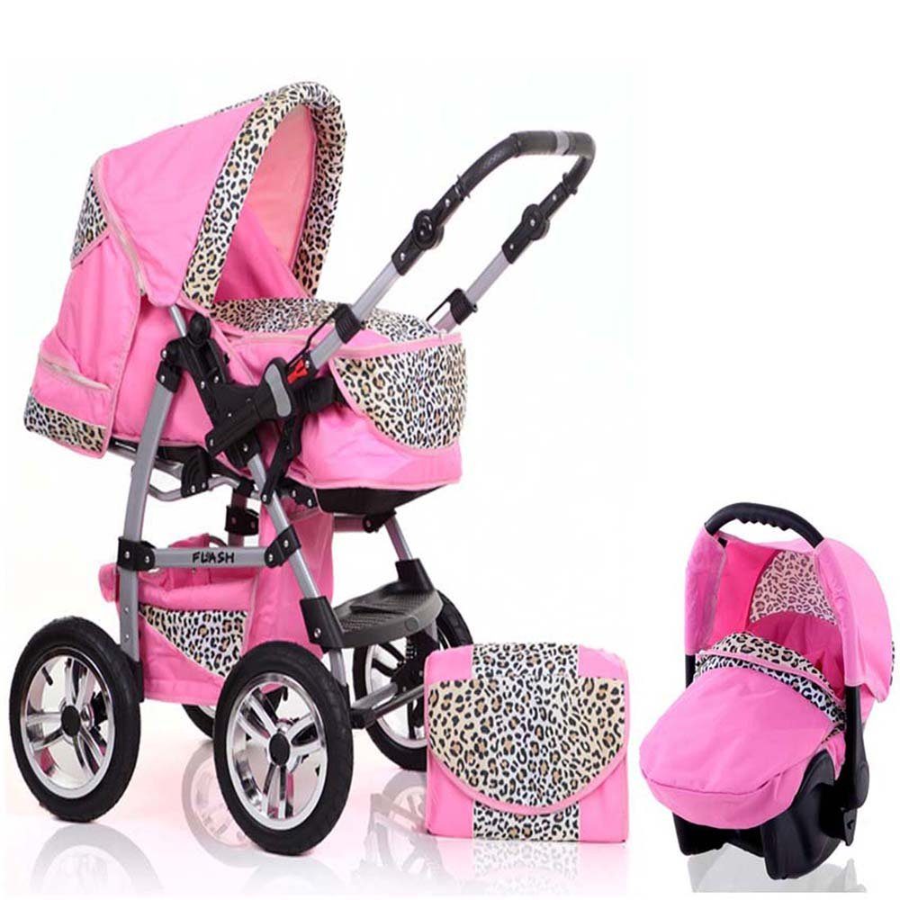 babies-on-wheels Kombi-Kinderwagen 3 in 1 Kinderwagen-Set Flash inkl. Autositz - 15 Teile - in 18 Farben Pink-Leo