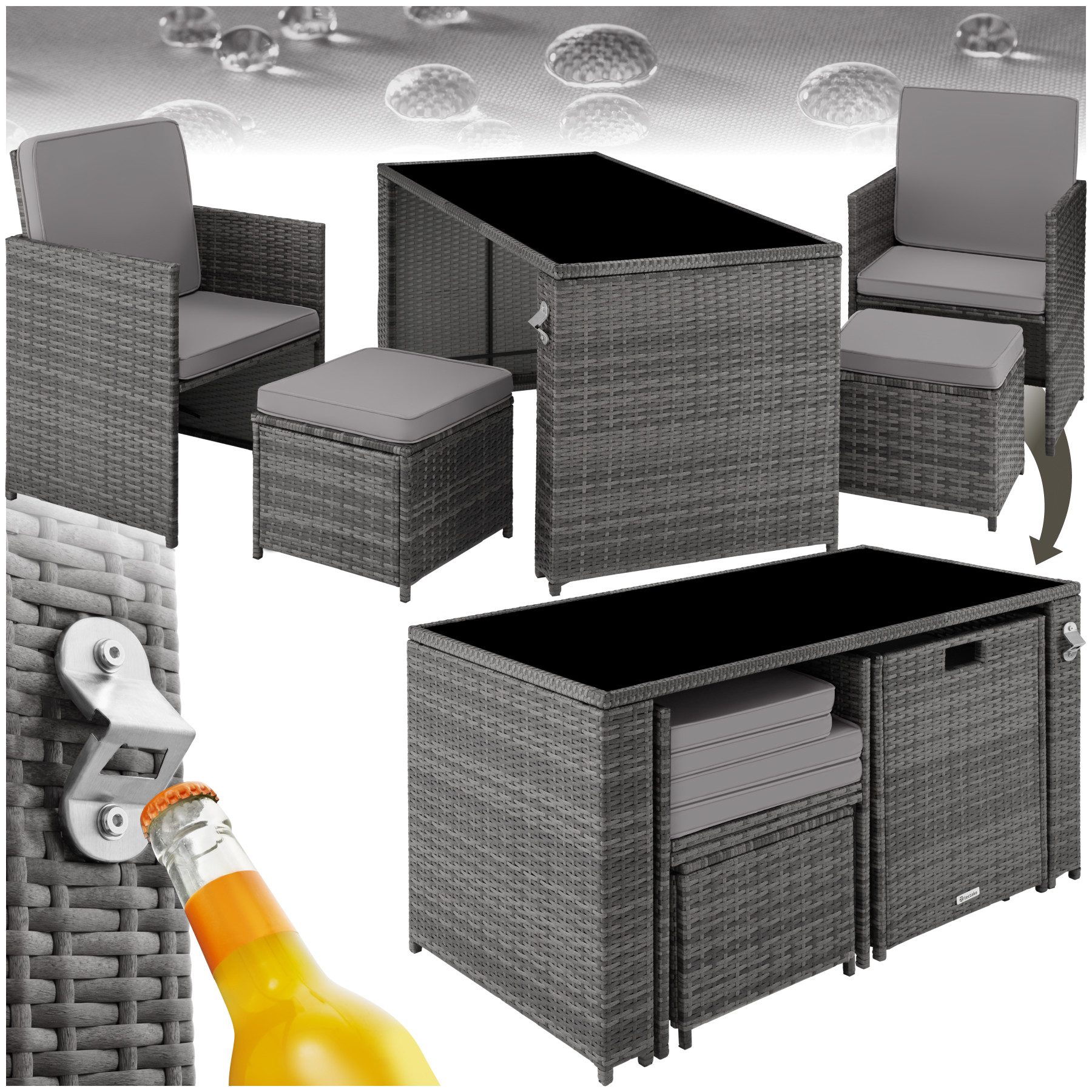 tectake Sitzgruppe Rattan-Gartenlounge für 2 bis 4 Personen, inklusive Flaschenöffner, (Loungeset Palermo, 5-tlg., für Außen in Grau), widerstandsfähig, UV-beständig, mit Sicherheitsglasplatte