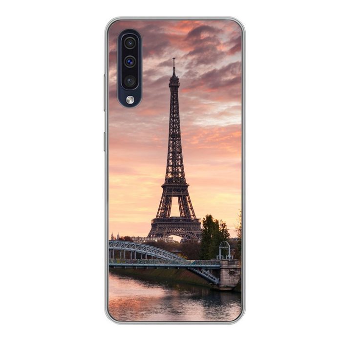 MuchoWow Handyhülle Ein wunderschöner orangefarbener Himmel über dem Eiffelturm in Paris Handyhülle Samsung Galaxy A50 Smartphone-Bumper Print Handy