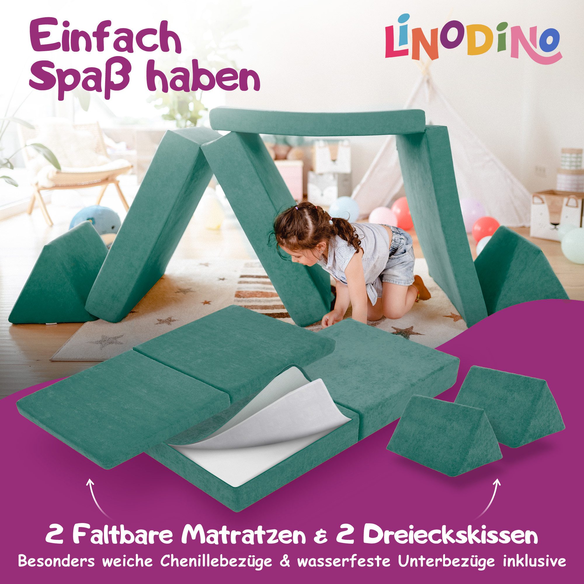 Linodino Kindersofa Spielsofa I aus Schaumstoff Bausteine I Spielcouch für Kinder, Wasserfeste Unterbezüge, Waschbare Chenille Bezüge 30° – Bild 4 von 5