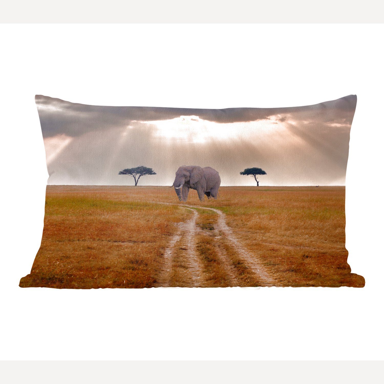 Elefant - Wiese Wohzimmer Dekokissen Zierkissen, Dekoration, - - mit Dekokissen Tiere Sonne, Füllung, Schlafzimmer MuchoWow