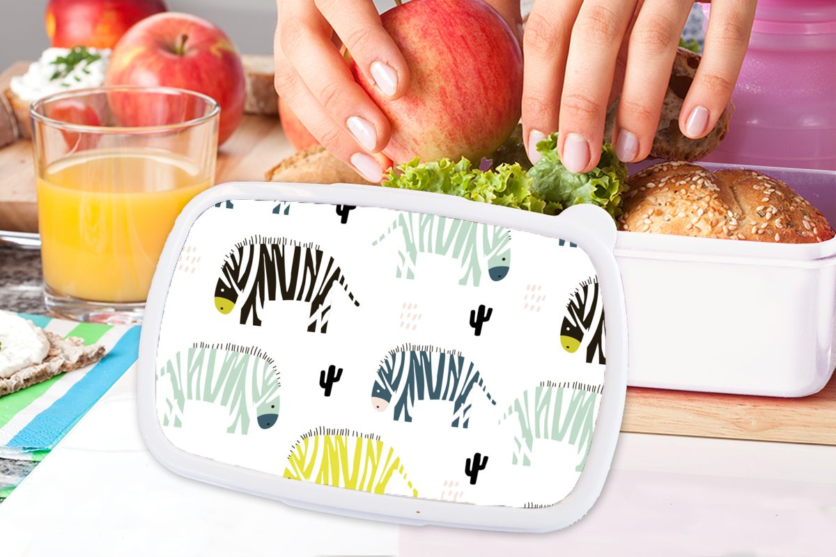 Jungs und (2-tlg), Zebra Mädchen für Farben Brotdose, und - Weiß, Kunststoff, für MuchoWow - Brotbox Kaktus Kinder Lunchbox Erwachsene, -