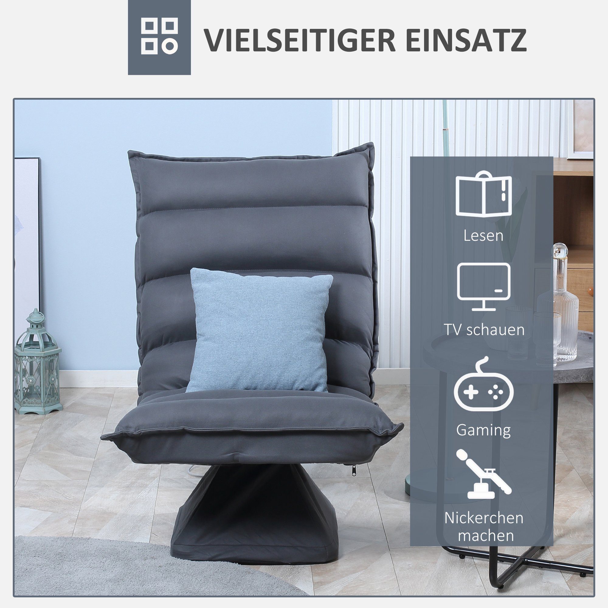 HOMCOM Relaxsessel Büro, 70 62 Relaxsessel Polsterung, Dunkelgrau, Sessel, x neigbar, x x Sessel), 62 1-St., 95 x 70 Wohnzimmer, weiche 95cm für cm (Set, drehbar