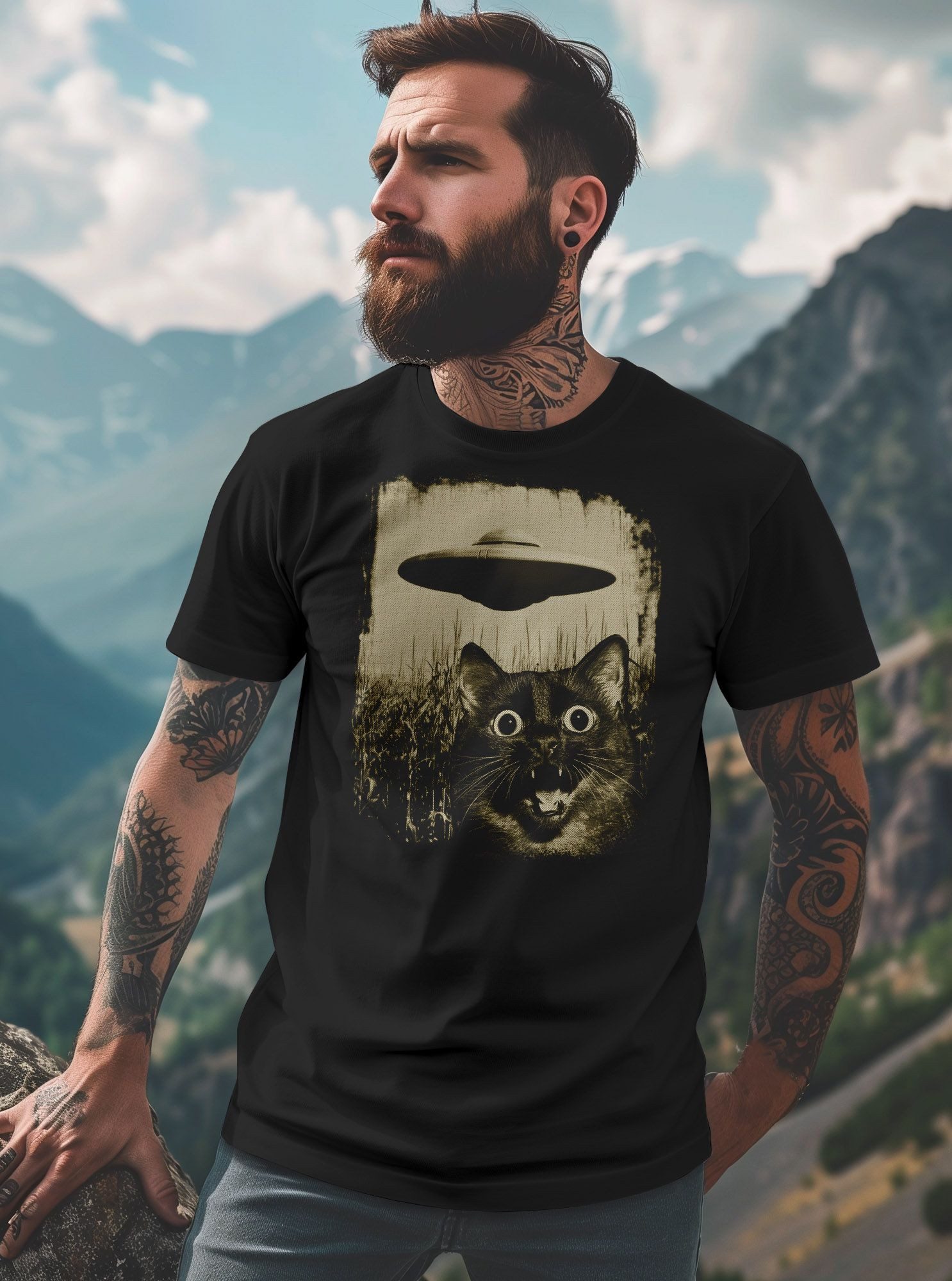Neverless Print-Shirt Herren T-Shirt UFO Katze Alien Print Aufdruck Printshirt Männer mit Print