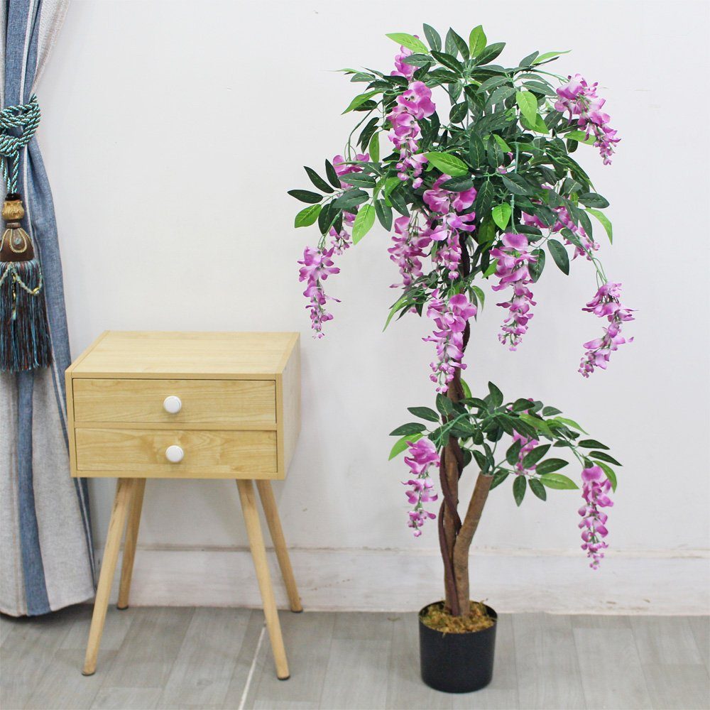 Blauregen Decovego mit Kunstpflanze Künstliche 120cm Glyzinie Echtholz Pflanze Decovego, Wisteria