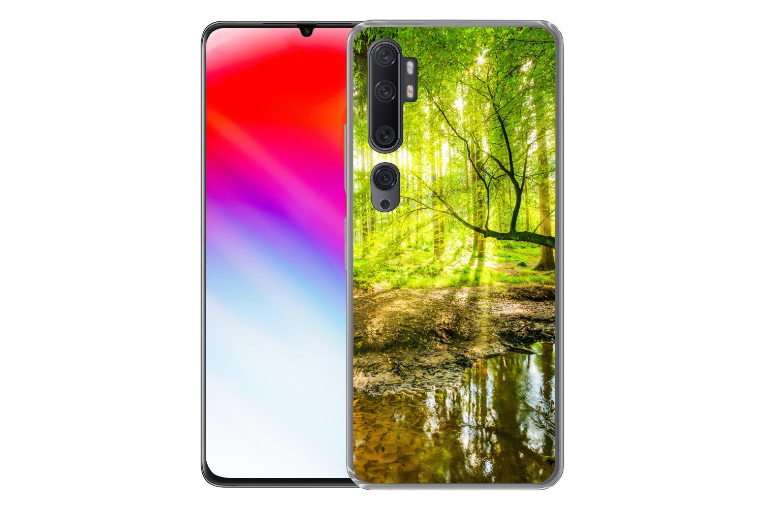 MuchoWow Handyhülle für Xiaomi Mi Note 10 Wald - Landschaft - Wasser - Bäume - Sonne - Grü
