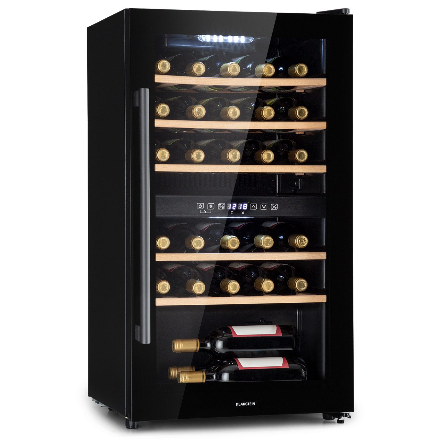Klarstein Weinkühlschrank Barossa 29 Duo Weinkühl 2 Zonen 29 Flaschen 80L 5-22°C Drucktasten LCD, für 29 Standardflaschen á 0,75l,Flaschenkühlschrank Weintemperierschrank Weinschrank Holz LCD-Anzeige