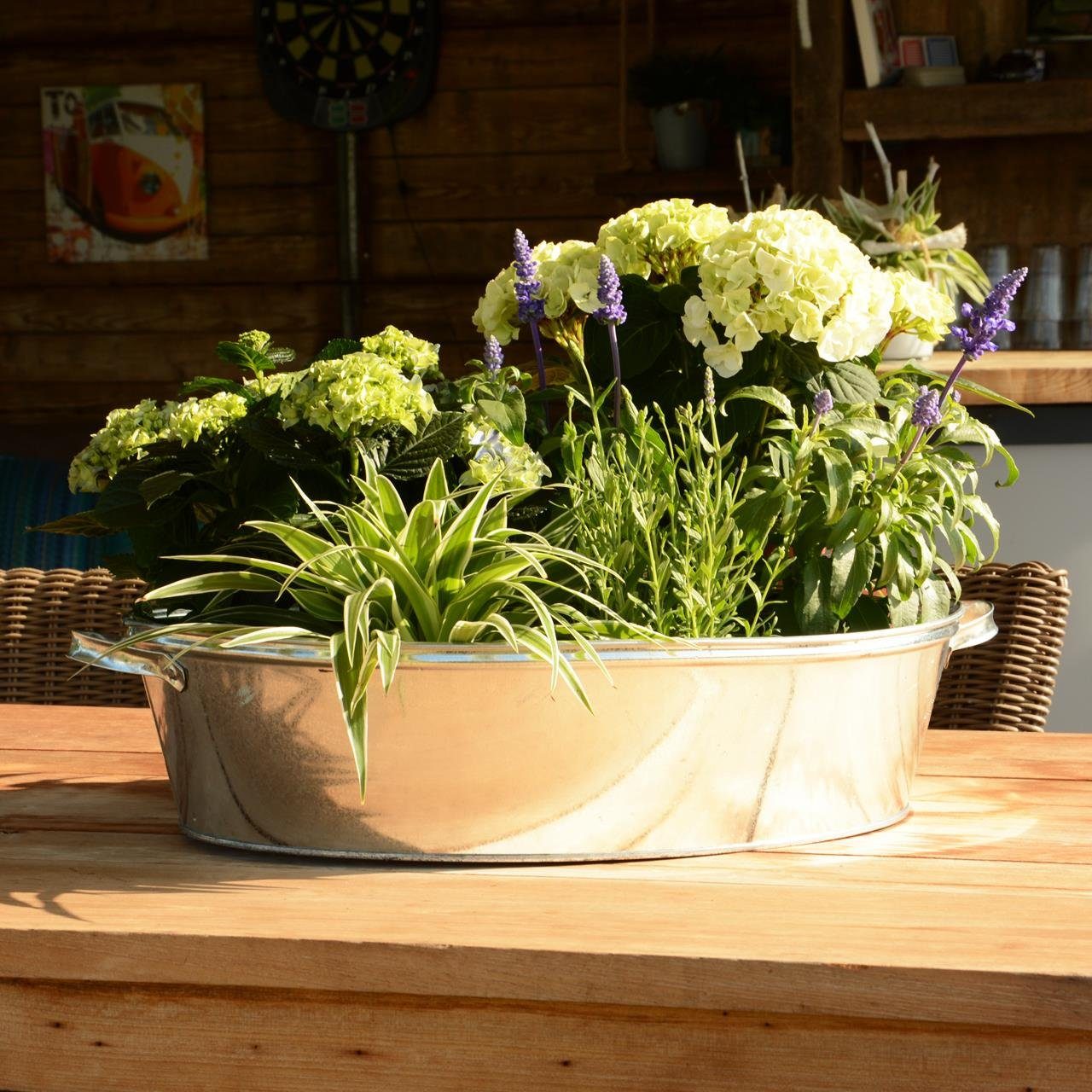 UNUS GARDEN Blumentopf Zinkwanne Zinkübertopf 27 oder St., Liter (1 Miniteich Pflanztopf Griffen als Bepflanzen mit Oval), zum