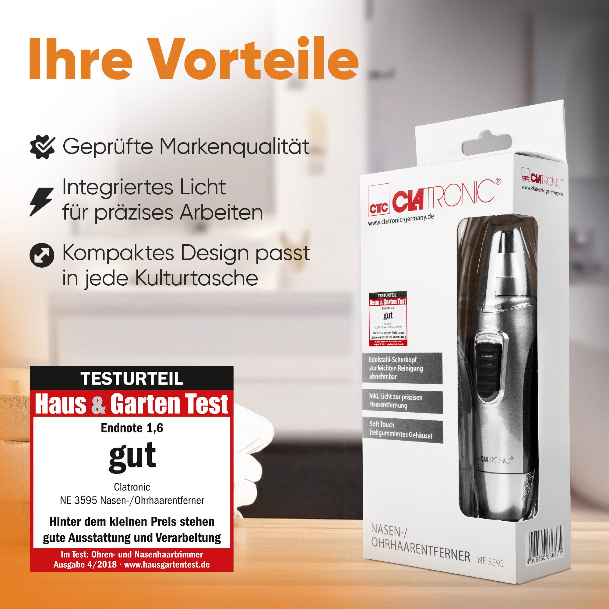 CLATRONIC Nasenhaartrimmer NE 3595, Nasenhaartrimmer, auch für Ohrhaare, mit Licht